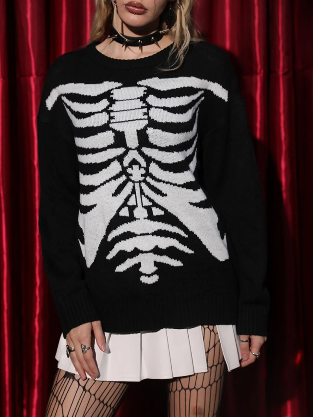 Schwarz 1950er Halloween Skeleton Druck Strick Pullover - Image 4