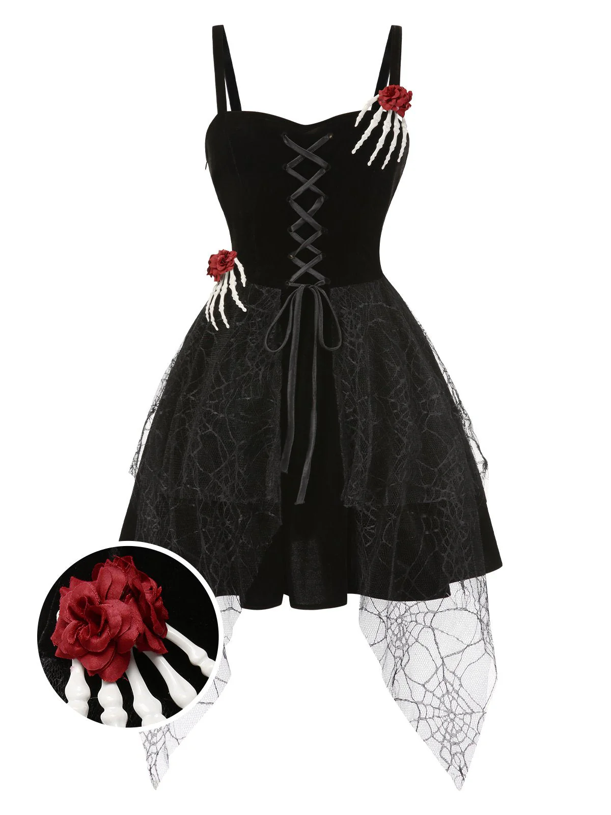 Schwarz 1950er Halloween Skeletthand Spinnennetz Rose Kleid - Image 3