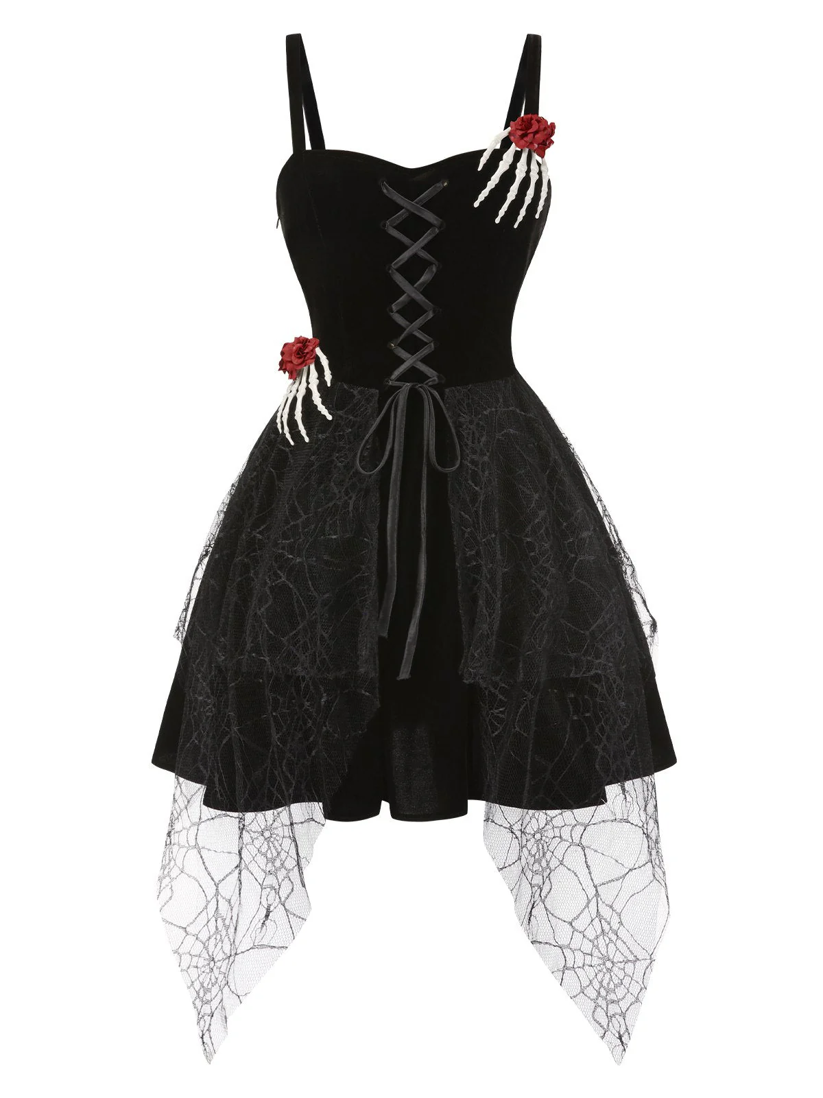 Schwarz 1950er Halloween Skeletthand Spinnennetz Rose Kleid - Image 4