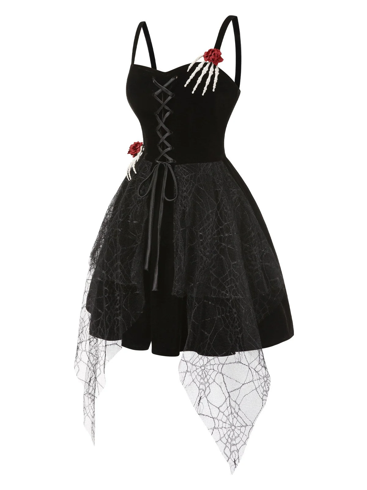 Schwarz 1950er Halloween Skeletthand Spinnennetz Rose Kleid - Image 5