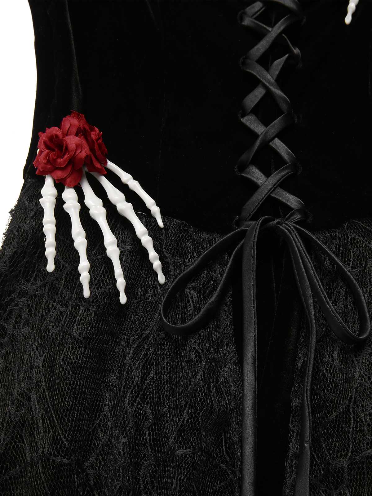Schwarz 1950er Halloween Skeletthand Spinnennetz Rose Kleid - Image 8