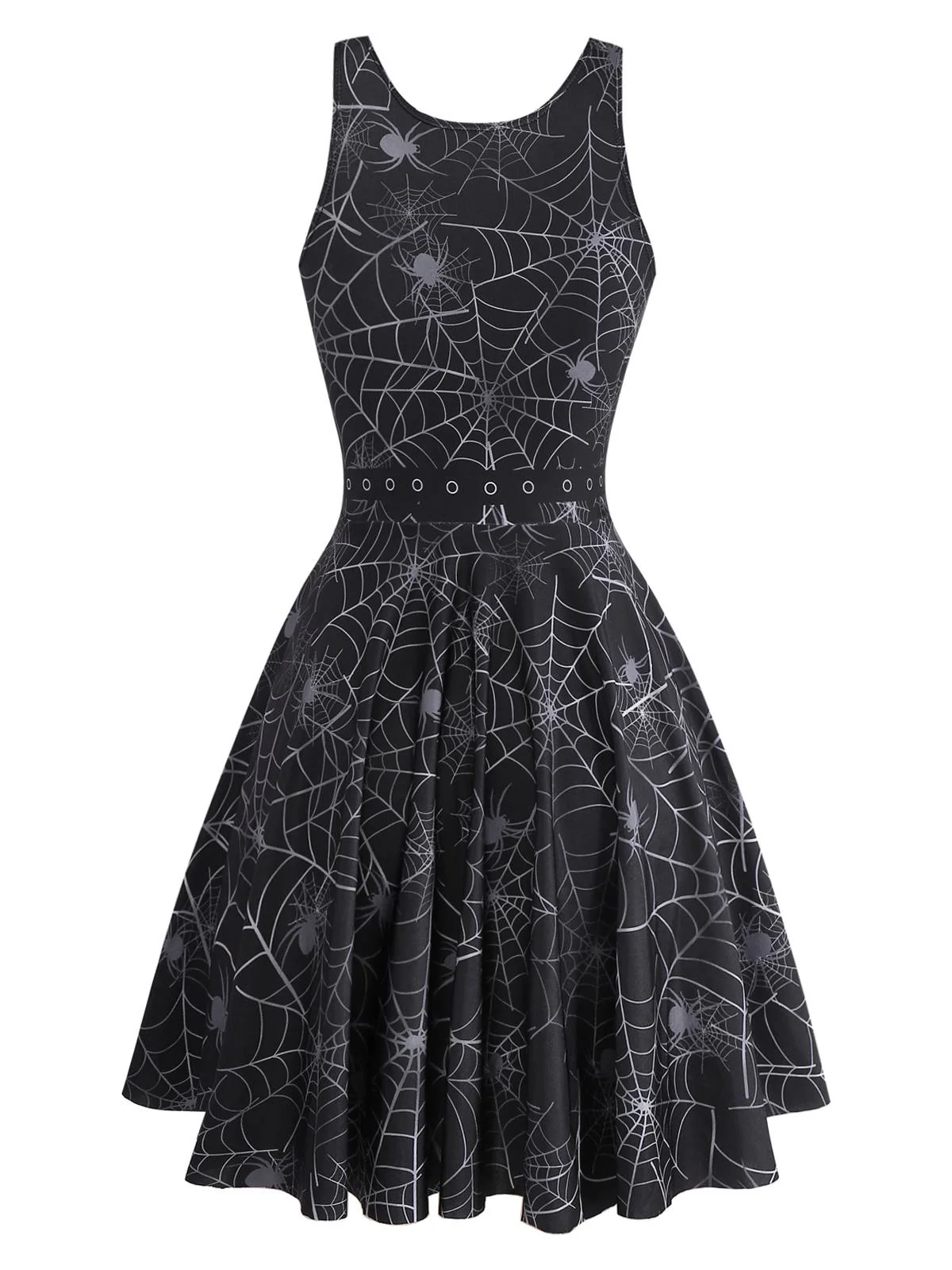 Schwarz 1950er Halloween Spinnennetz Ärmellos Kleid - Image 2