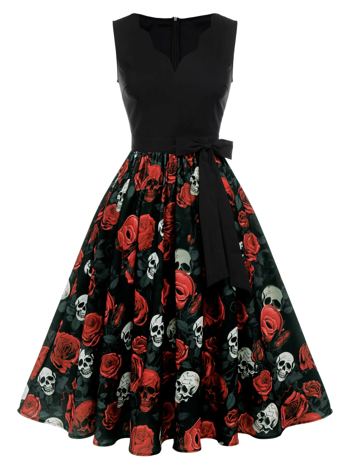 Schwarz 1950er Halloween Totenkopf Rose Ärmelloses Kleid - Image 2