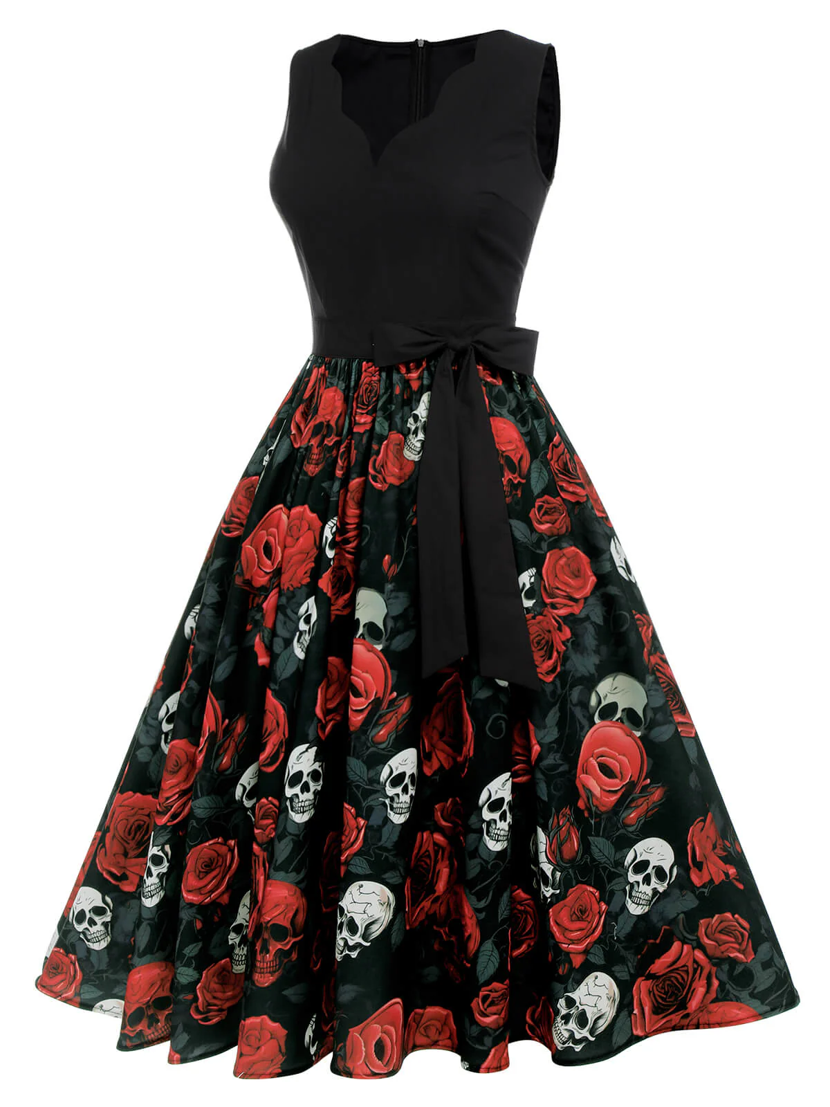 Schwarz 1950er Halloween Totenkopf Rose Ärmelloses Kleid - Image 3