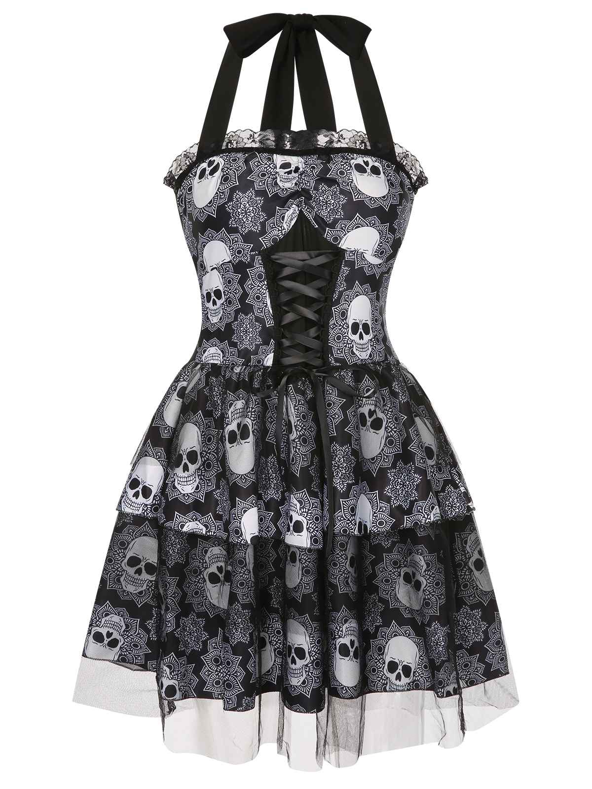 Schwarz 1950er Halloween Totenkopf Schnürung Neckholder Kleid - Image 2
