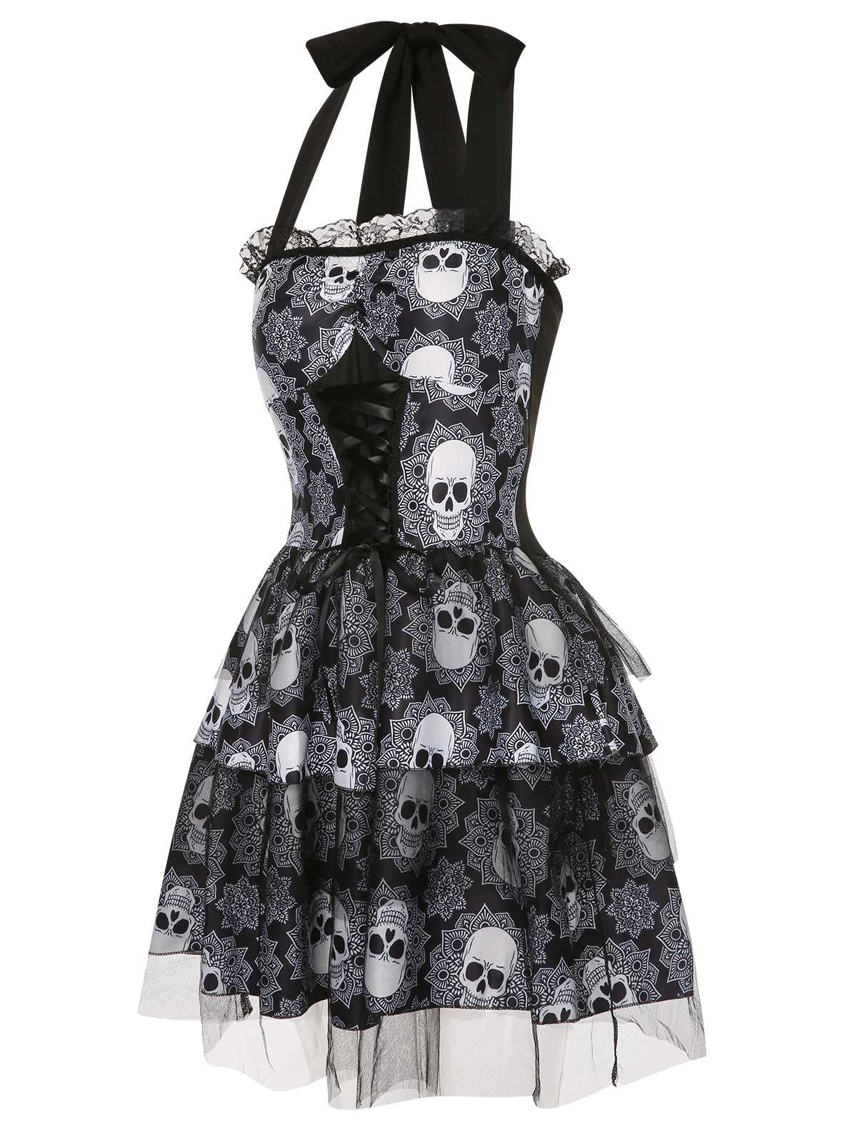 Schwarz 1950er Halloween Totenkopf Schnürung Neckholder Kleid - Image 3