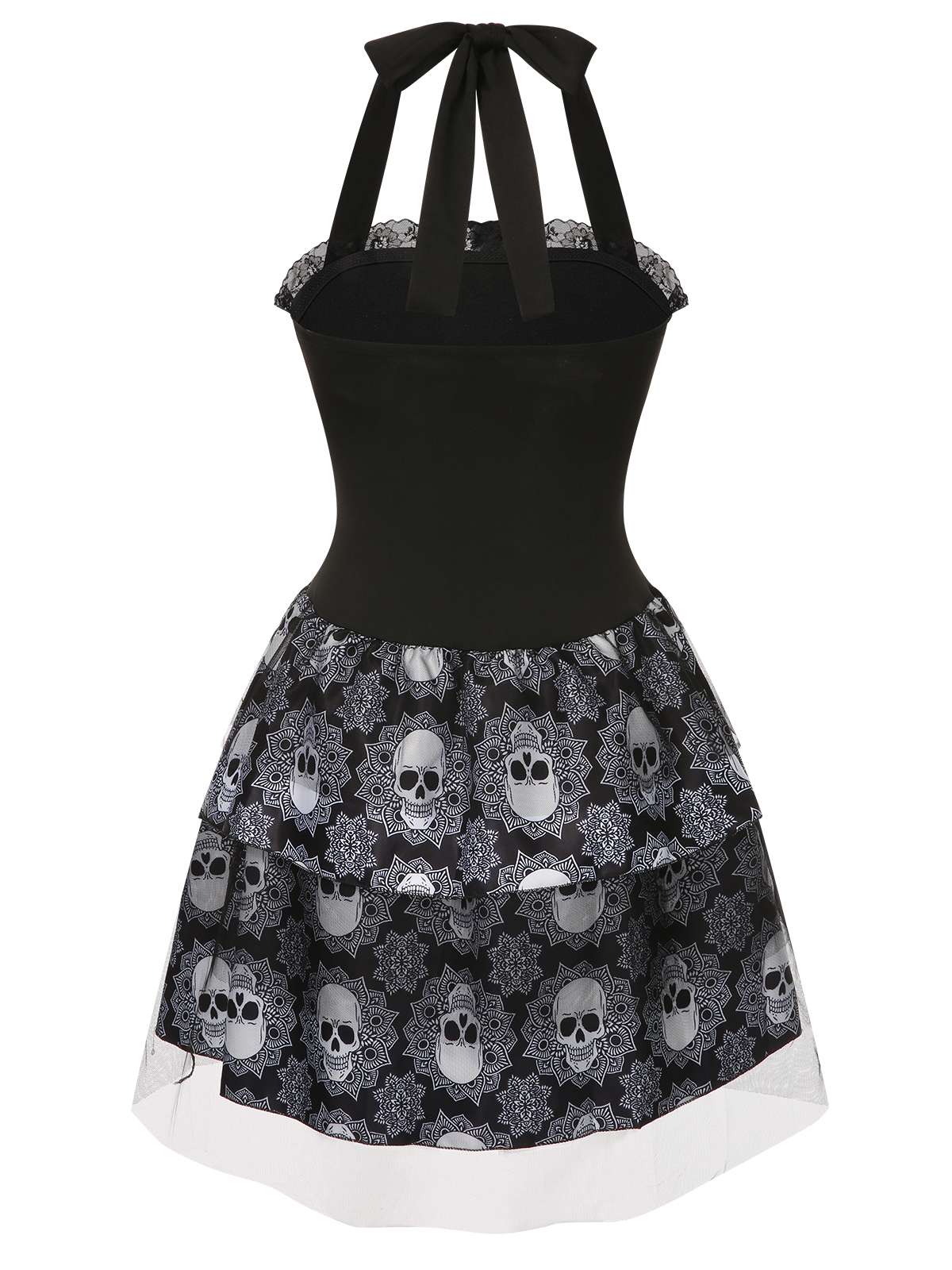 Schwarz 1950er Halloween Totenkopf Schnürung Neckholder Kleid - Image 4