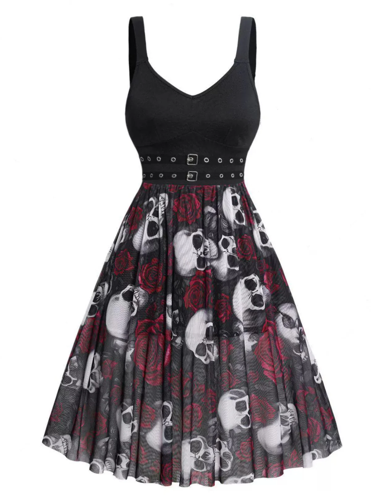 Schwarz 1950er Halloween TrÀger SchÀdel Rose Kleid