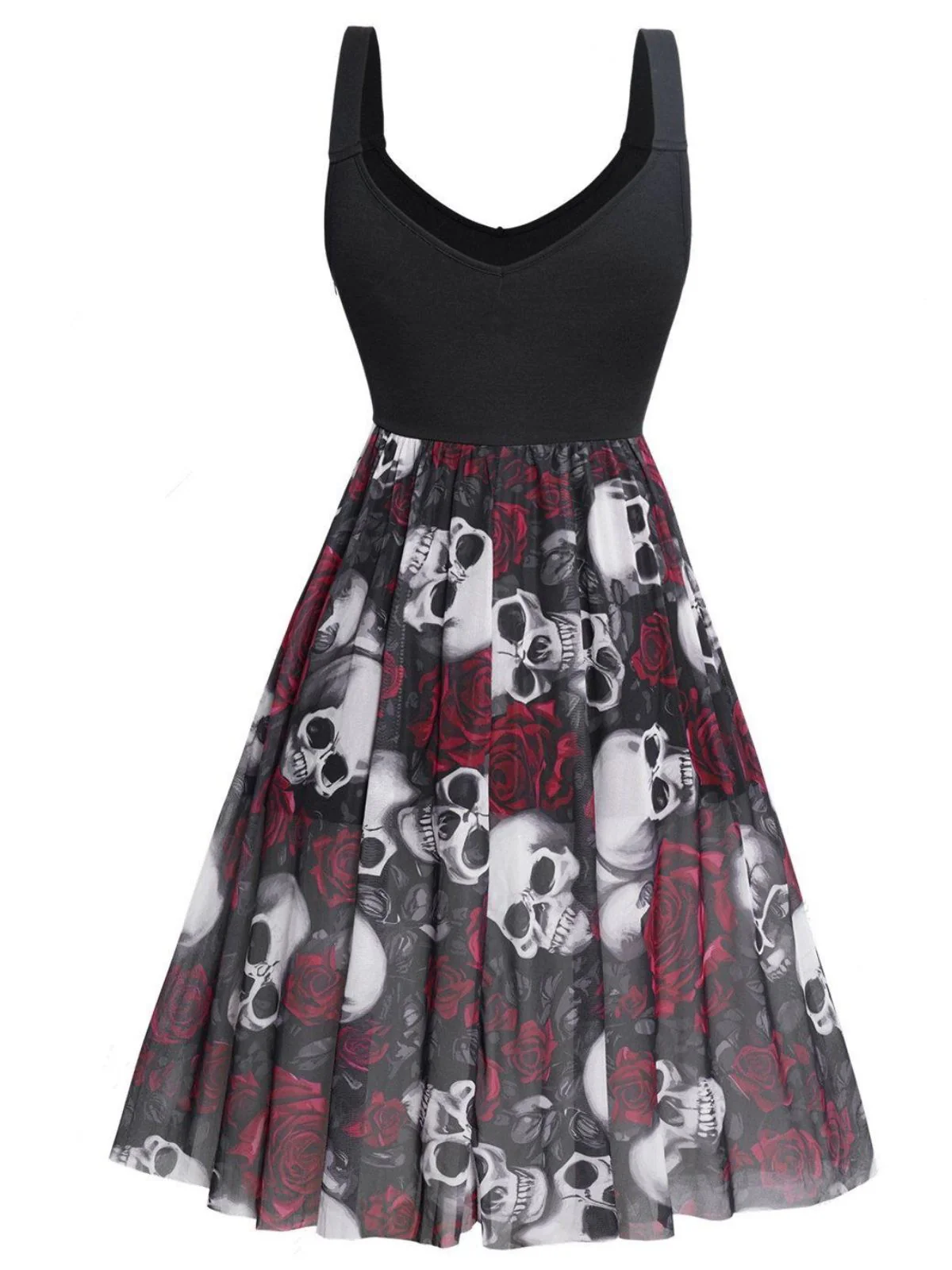 Schwarz 1950er Halloween TrÀger SchÀdel Rose Kleid - Image 2