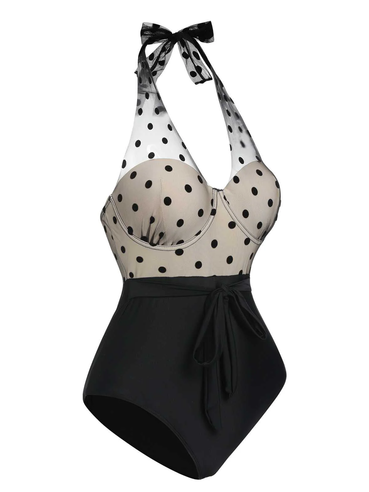 Schwarz 1950er Halter Polka Dots Masche Badeanzug - Image 3