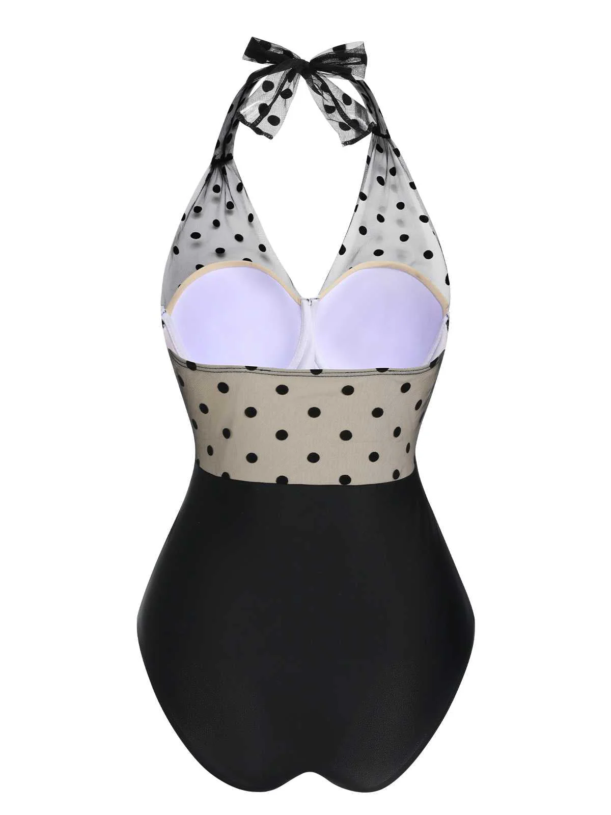 Schwarz 1950er Halter Polka Dots Masche Badeanzug - Image 4