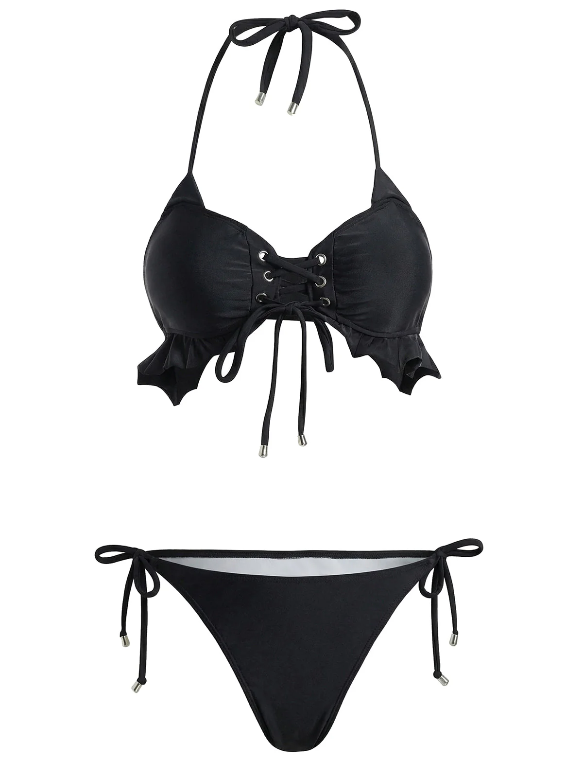 [Vorverkauf] Schwarz 1950er Halter Schnürung Bikini Set & Cover Up - Image 3