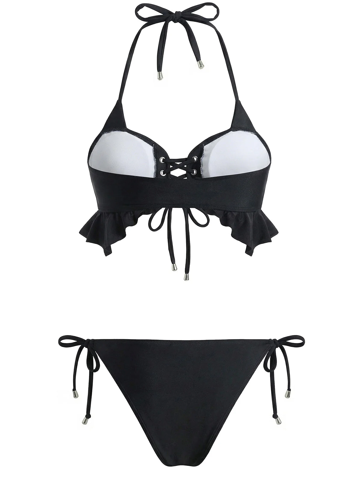[Vorverkauf] Schwarz 1950er Halter Schnürung Rüschen Saum Bikini Set - Image 2