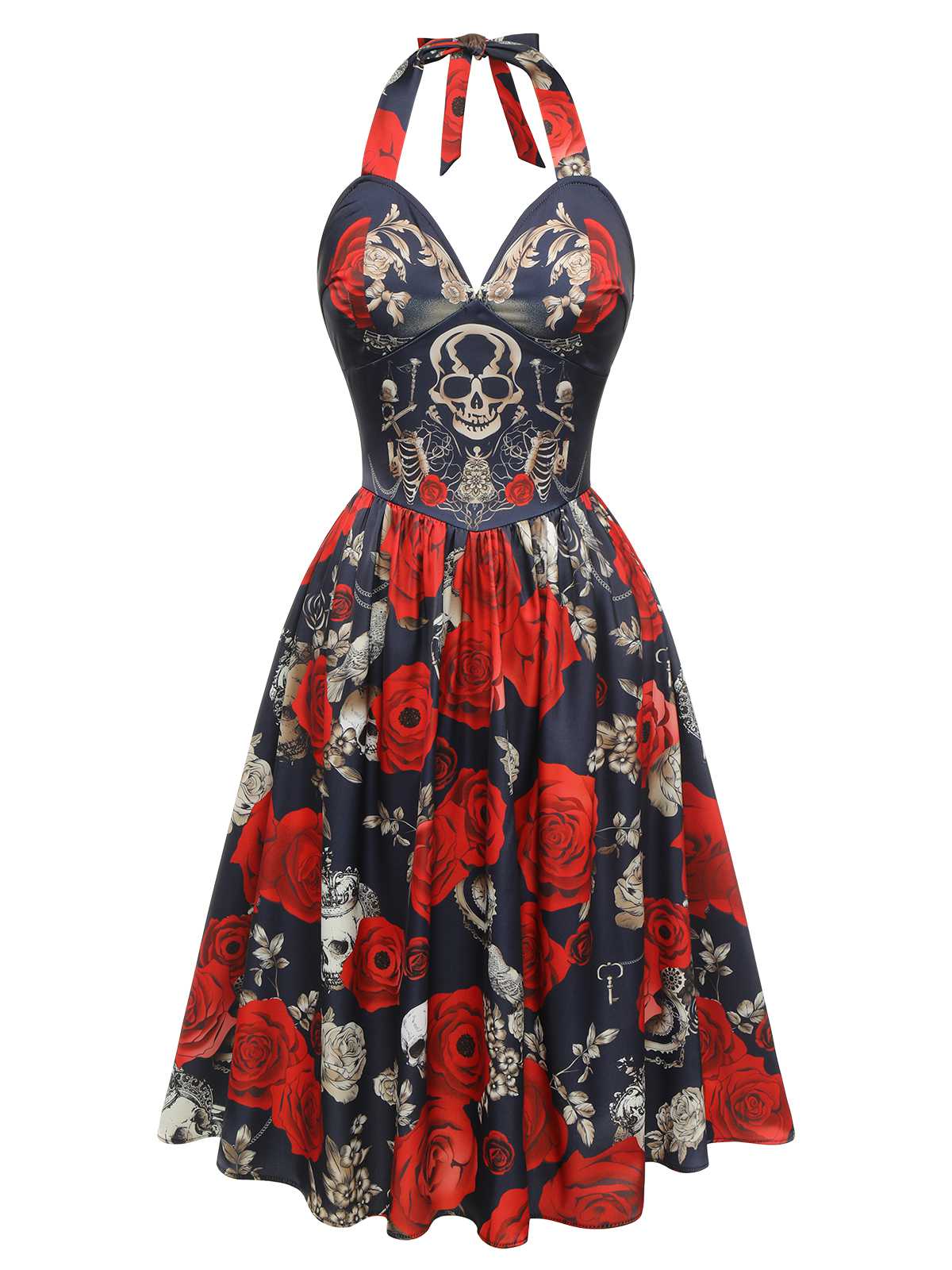 Schwarz 1950er Gothic Herzförmiger Hals Skelett Rose Swing Kleid - Image 2