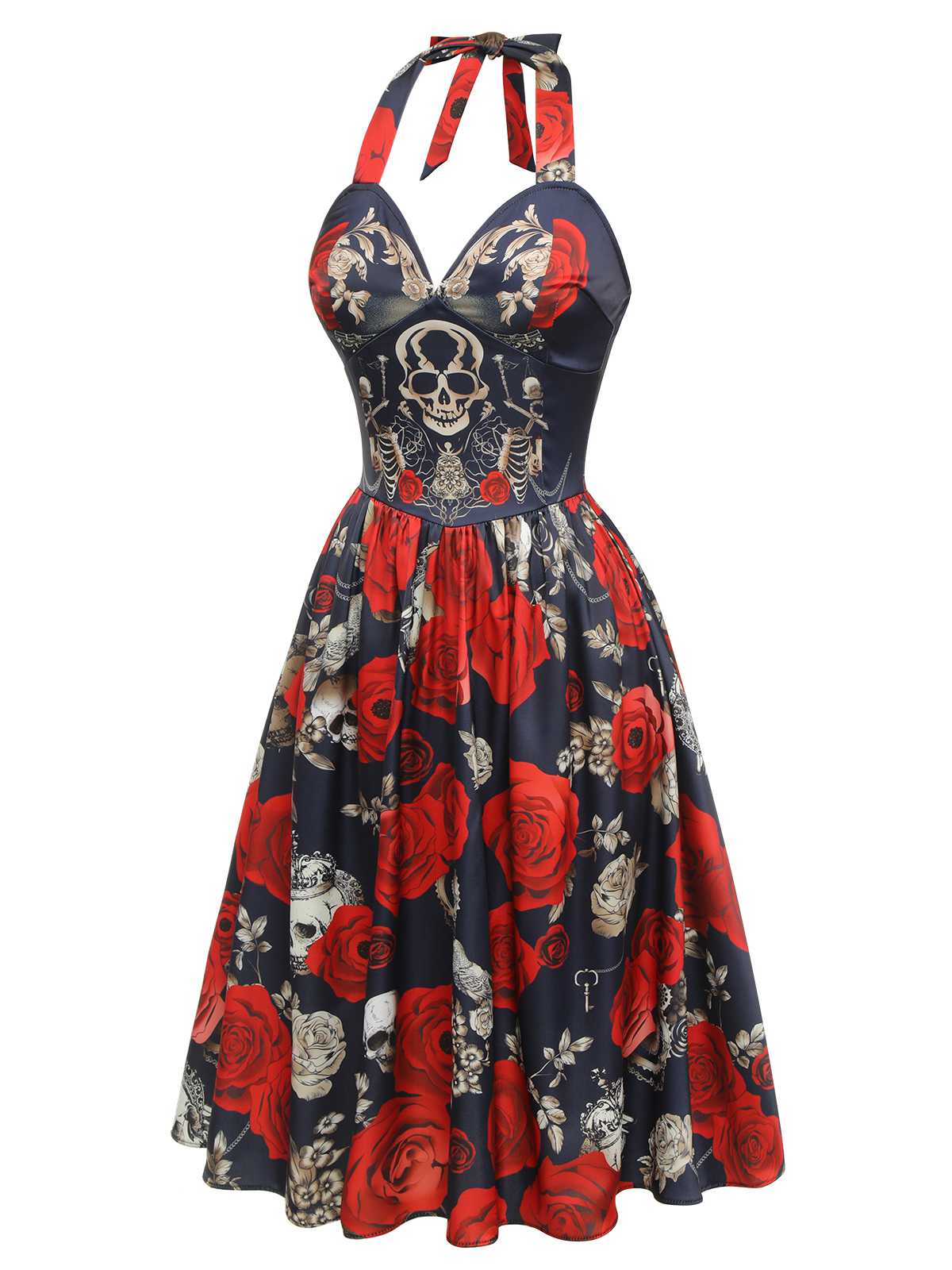 Schwarz 1950er Gothic Herzförmiger Hals Skelett Rose Swing Kleid - Image 3