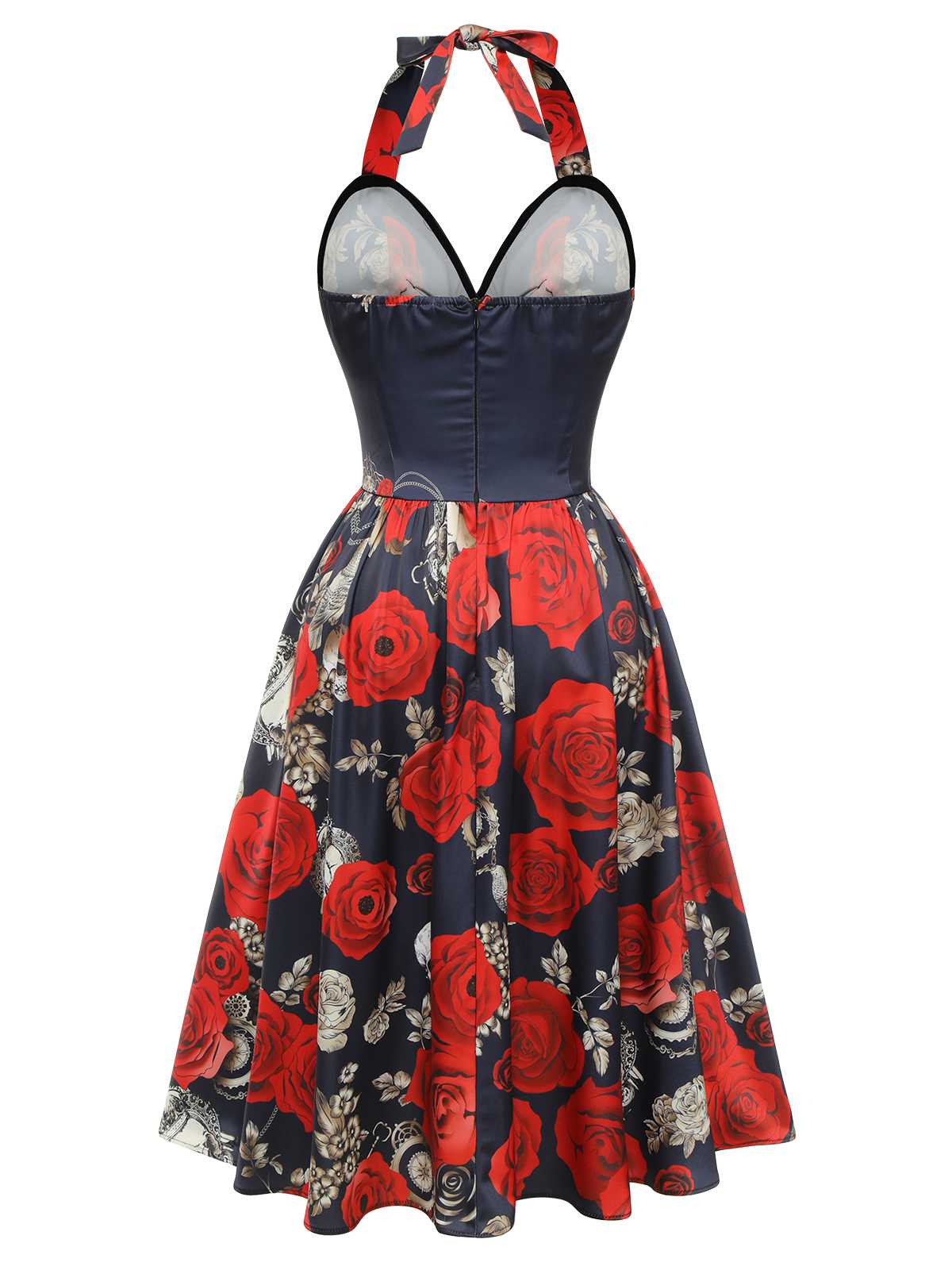 Schwarz 1950er Gothic Herzförmiger Hals Skelett Rose Swing Kleid - Image 4