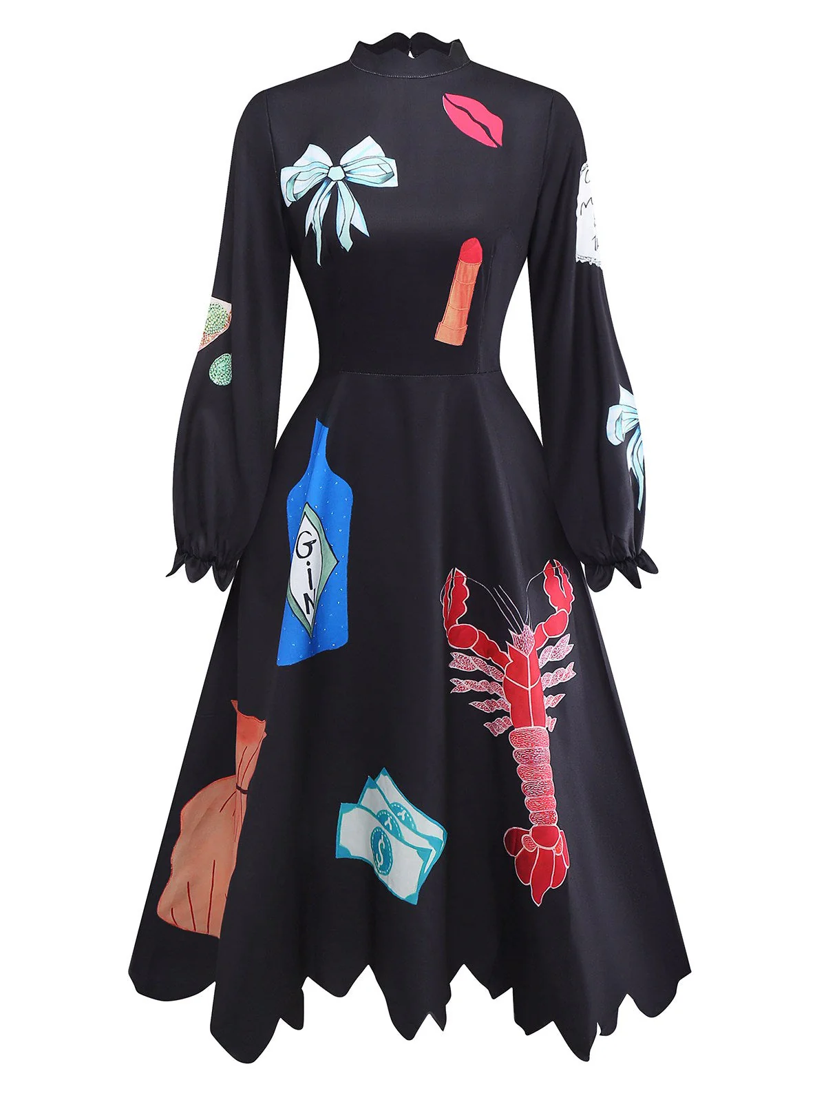 Schwarz 1950er Hummer Zickzack Hals Laternenärmel Kleid - Image 2
