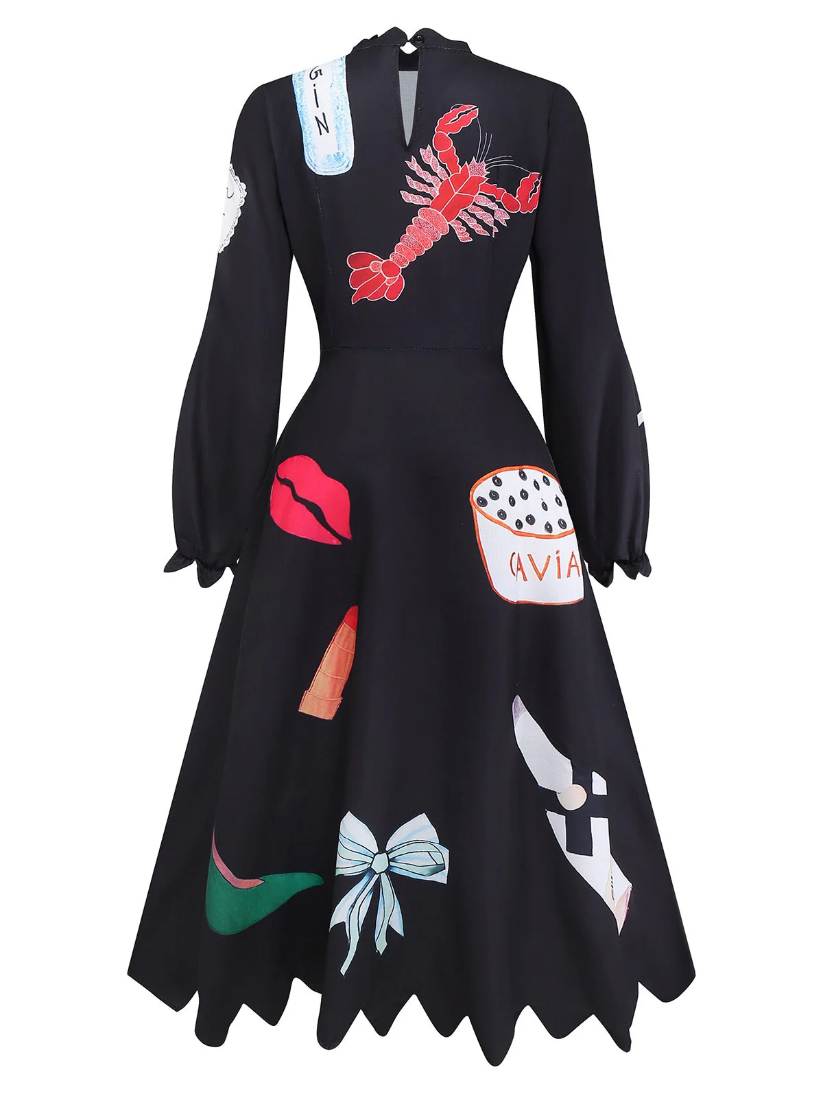 Schwarz 1950er Hummer Zickzack Hals Laternenärmel Kleid - Image 3