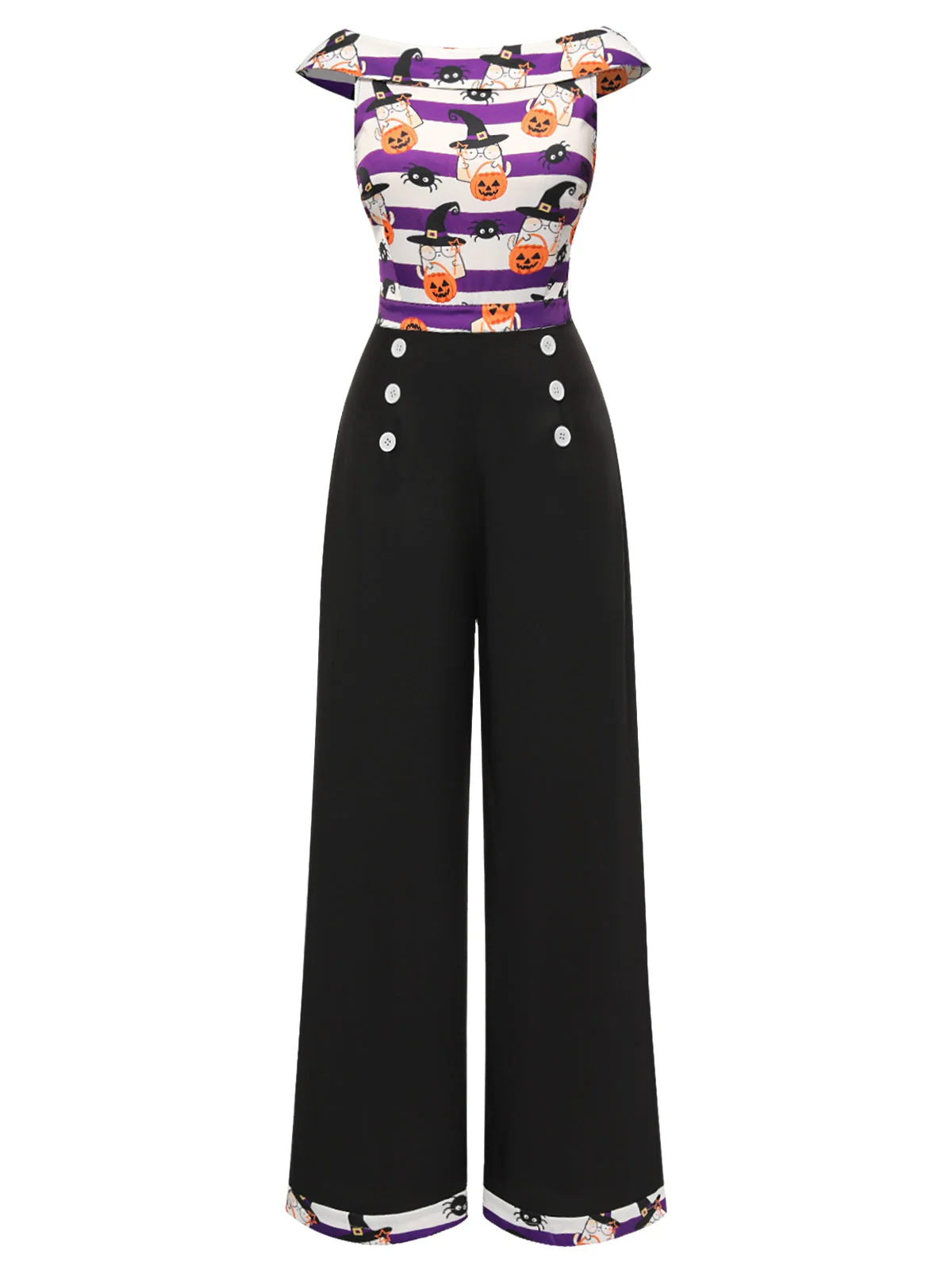 Schwarz 1950er Kürbis Schulterfrei Patchwork Jumpsuit - Image 2