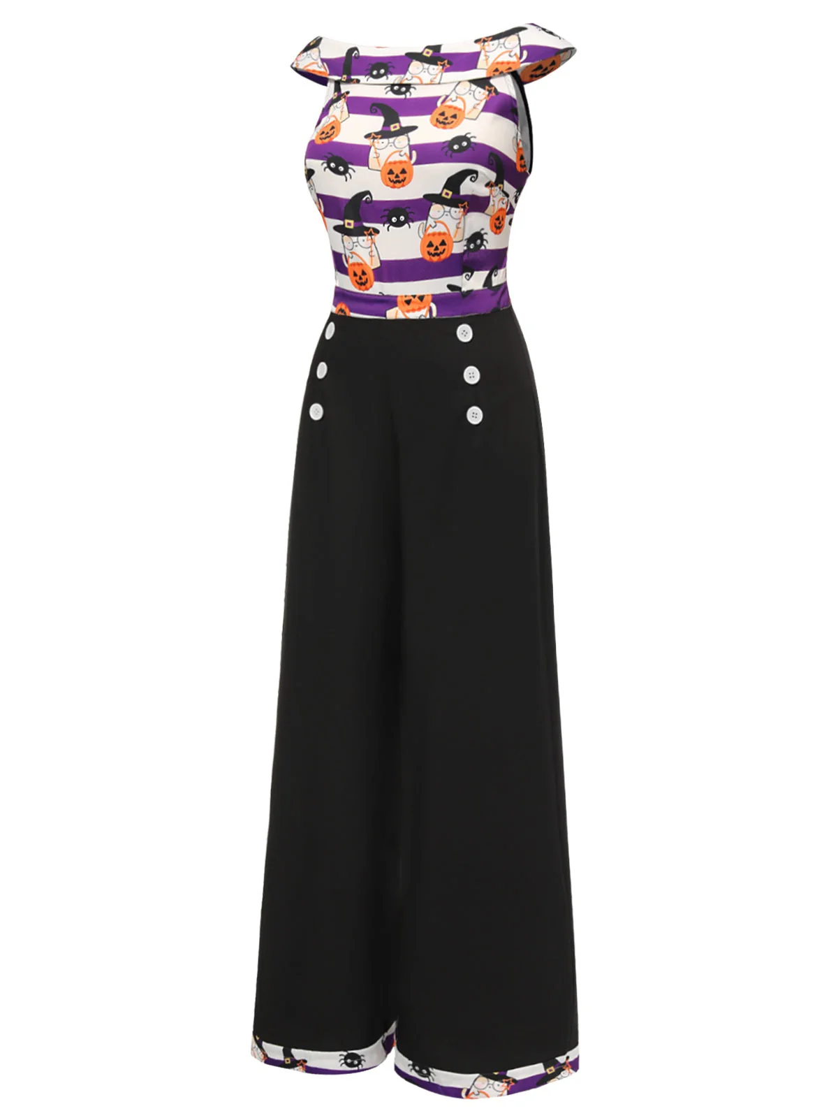 Schwarz 1950er Kürbis Schulterfrei Patchwork Jumpsuit - Image 3
