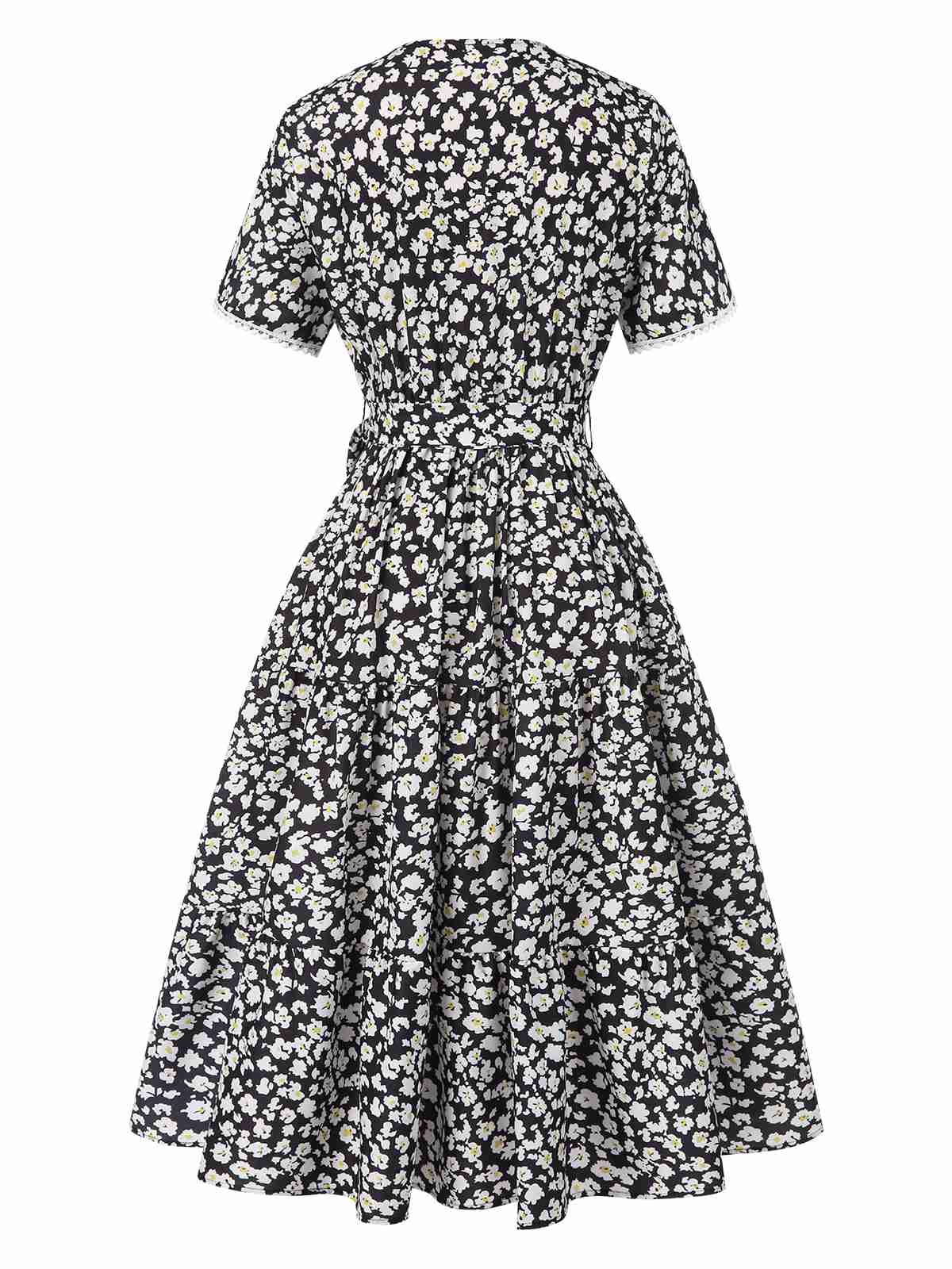 Schwarz 1950er Kleine Blumen V-Ausschnitt Schnürung Dress - Image 2