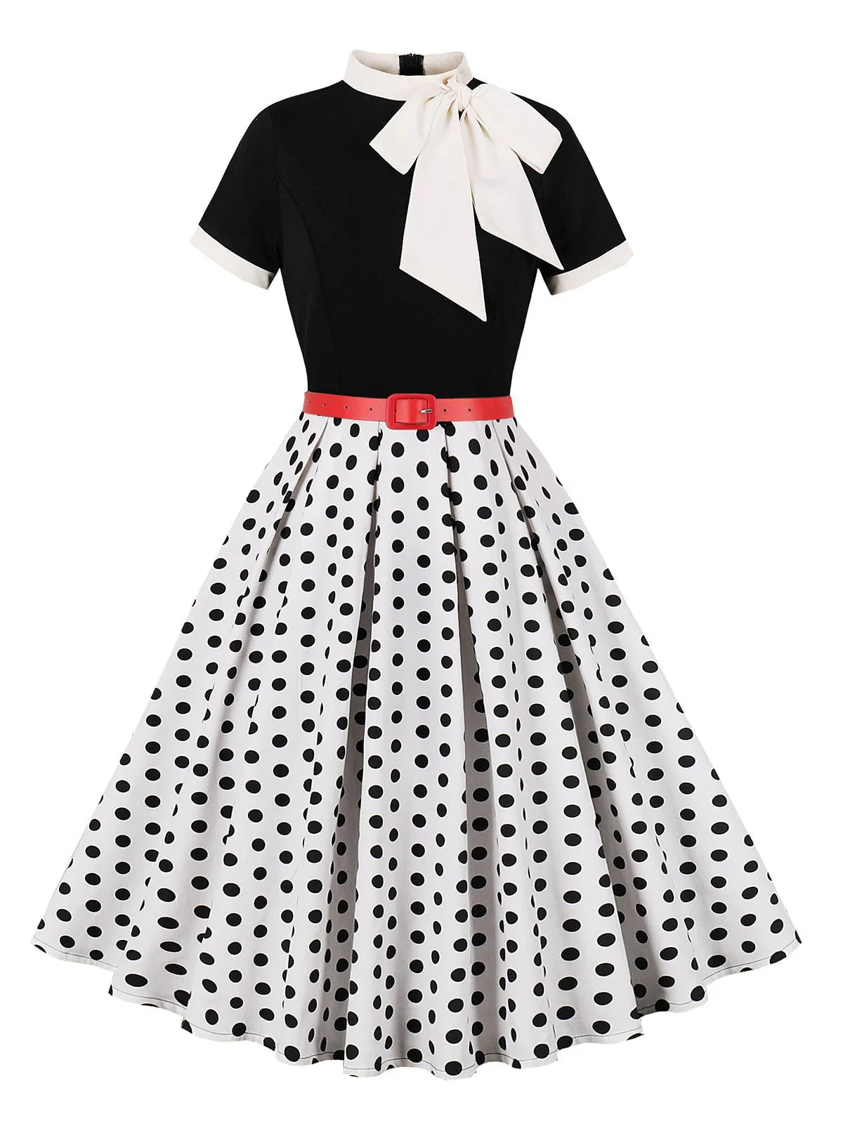 Schwarz 1950er Krawattenhals Polka Dots Gürtel Kleid - Image 3