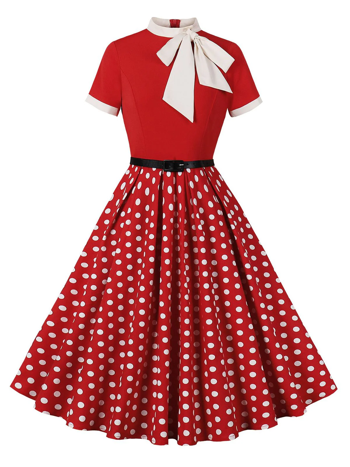 Schwarz 1950er Krawattenhals Polka Dots Gürtel Kleid - Image 5