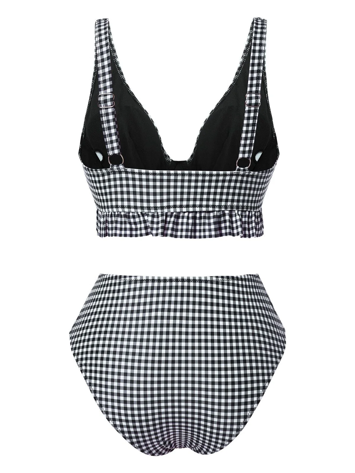 Schwarz 1950er Plaid Tief V-Ausschnitt Rüschen Bikini Set - Image 2