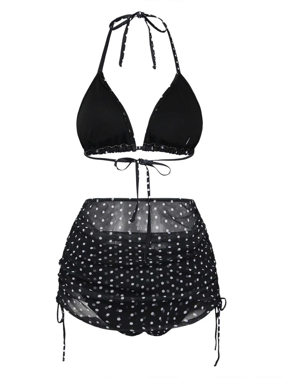 Schwarz 1950er Polka Dot Halter Bikini Set & Cover-Up - Image 3