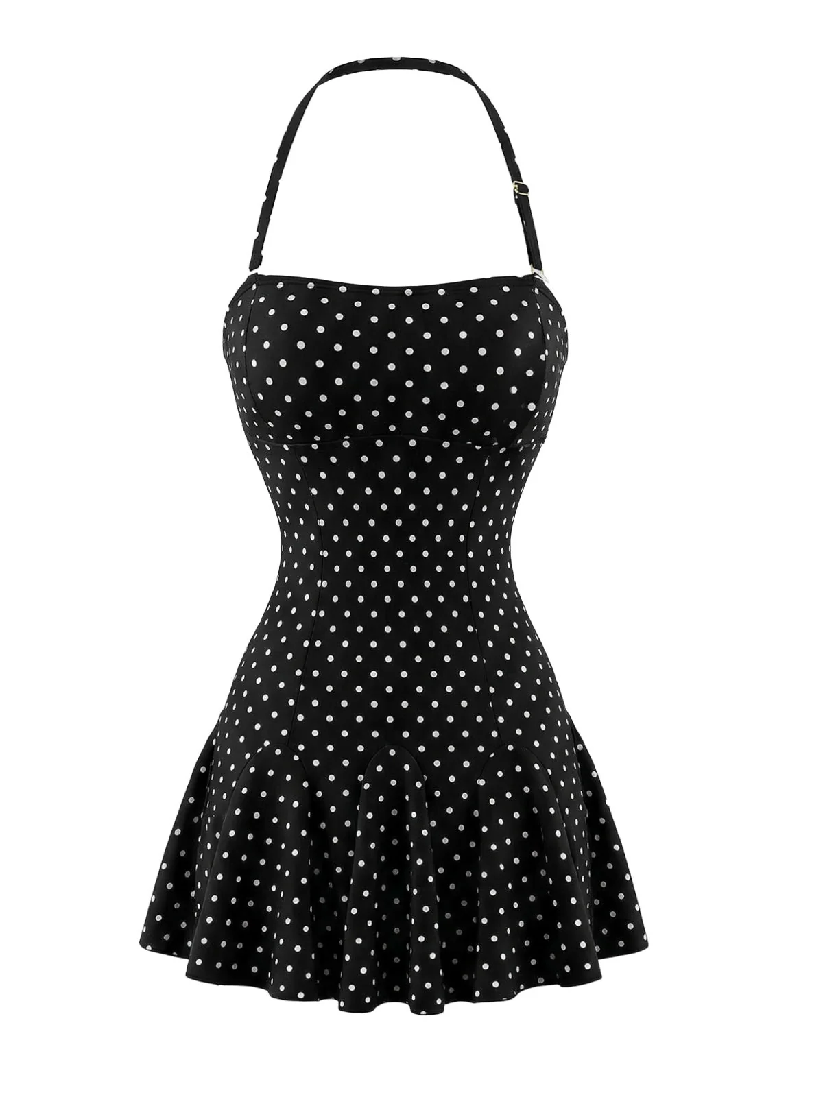 Schwarz 1950er Polka Dot Halter Rückenfrei Badekleid