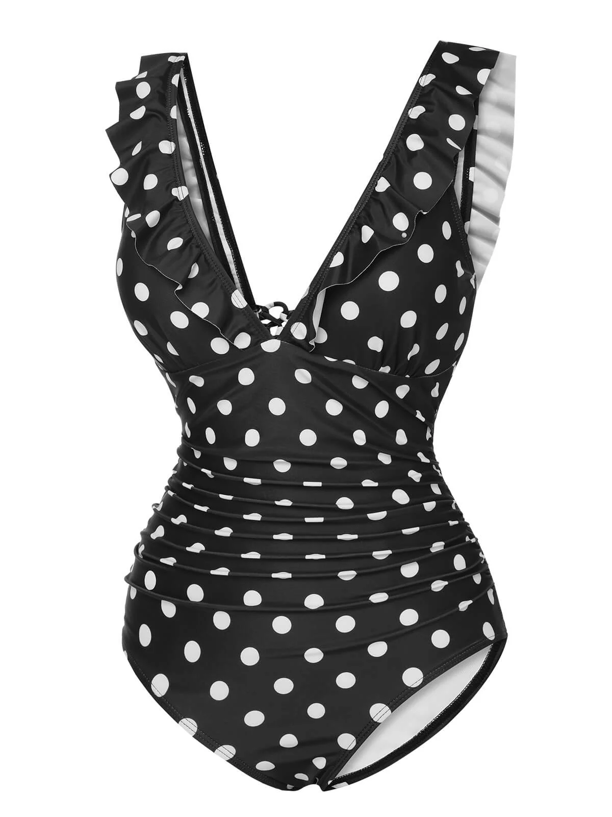 Schwarz 1950er Polka Dot Rüsche V-Ausschnitt Badeanzug - Image 2