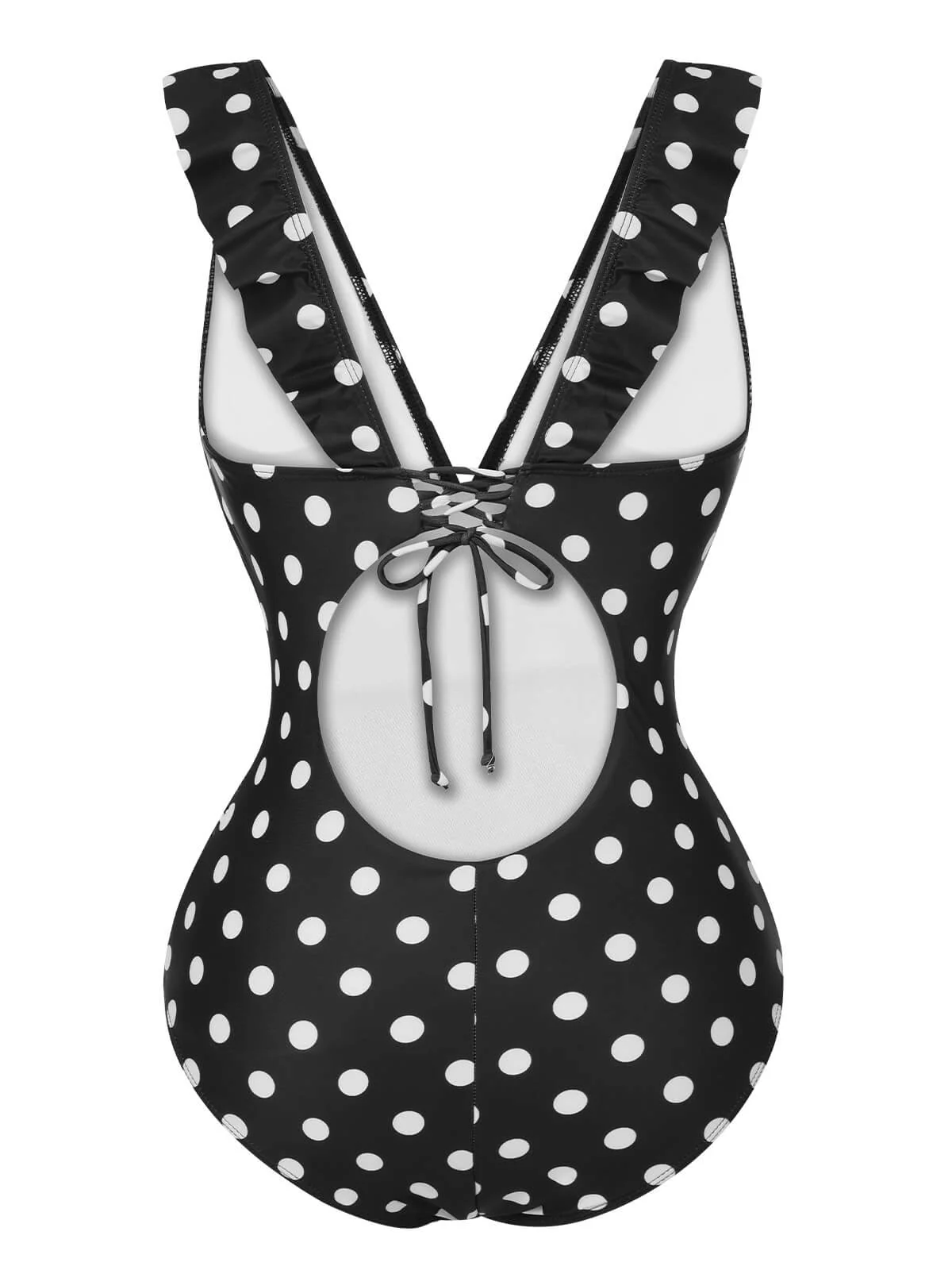 Schwarz 1950er Polka Dot Rüsche V-Ausschnitt Badeanzug - Image 3