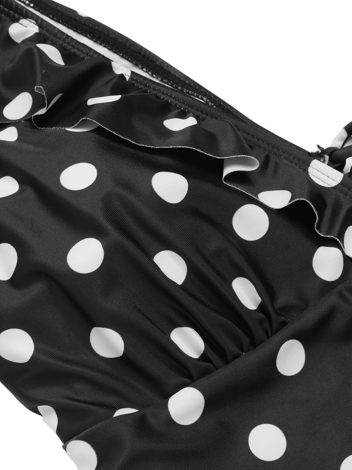 Schwarz 1950er Polka Dot Rüsche V-Ausschnitt Badeanzug - Image 4