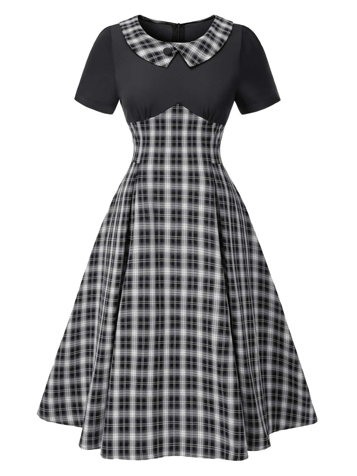 Schwarz 1950er Revers Plissiertes Plaid Patchwork Kleid - Image 2