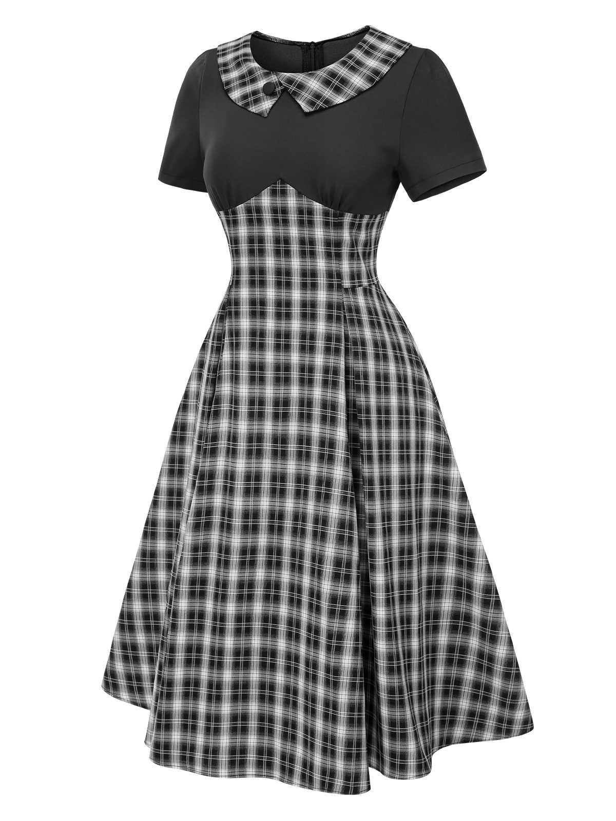 Schwarz 1950er Revers Plissiertes Plaid Patchwork Kleid - Image 3