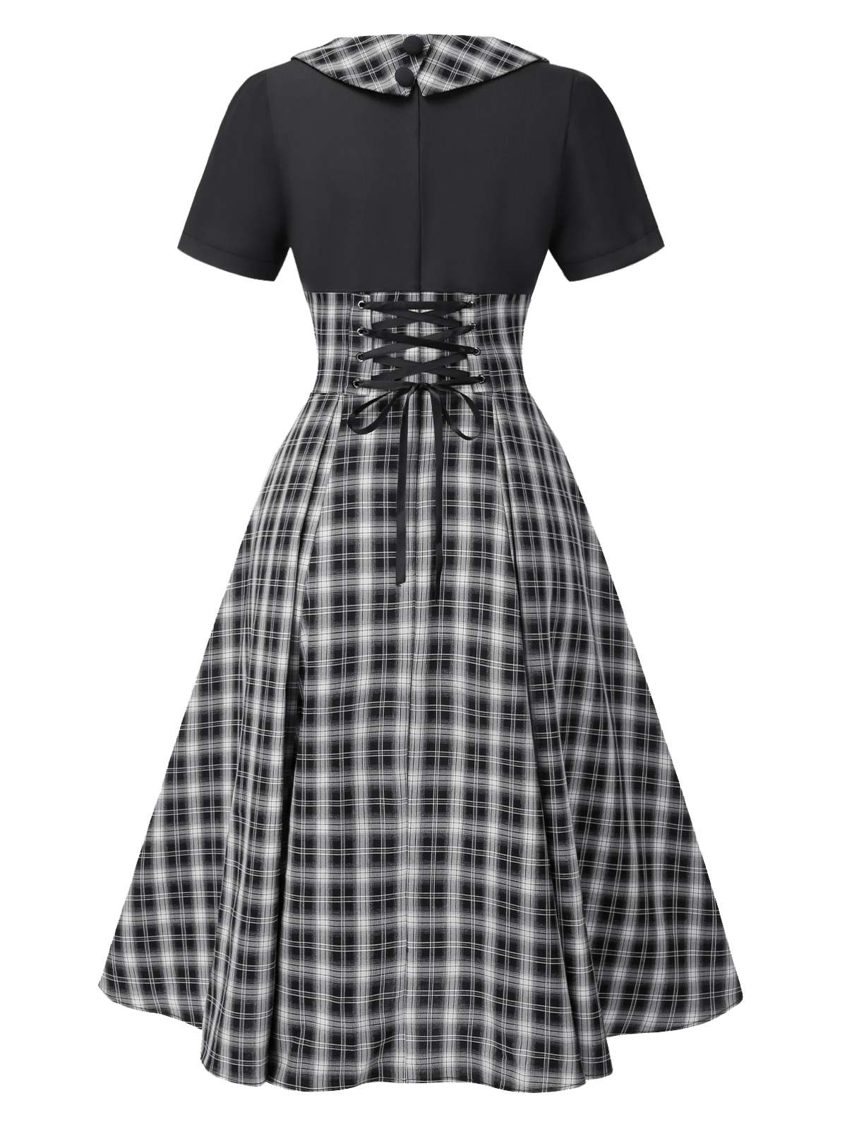 Schwarz 1950er Revers Plissiertes Plaid Patchwork Kleid - Image 4