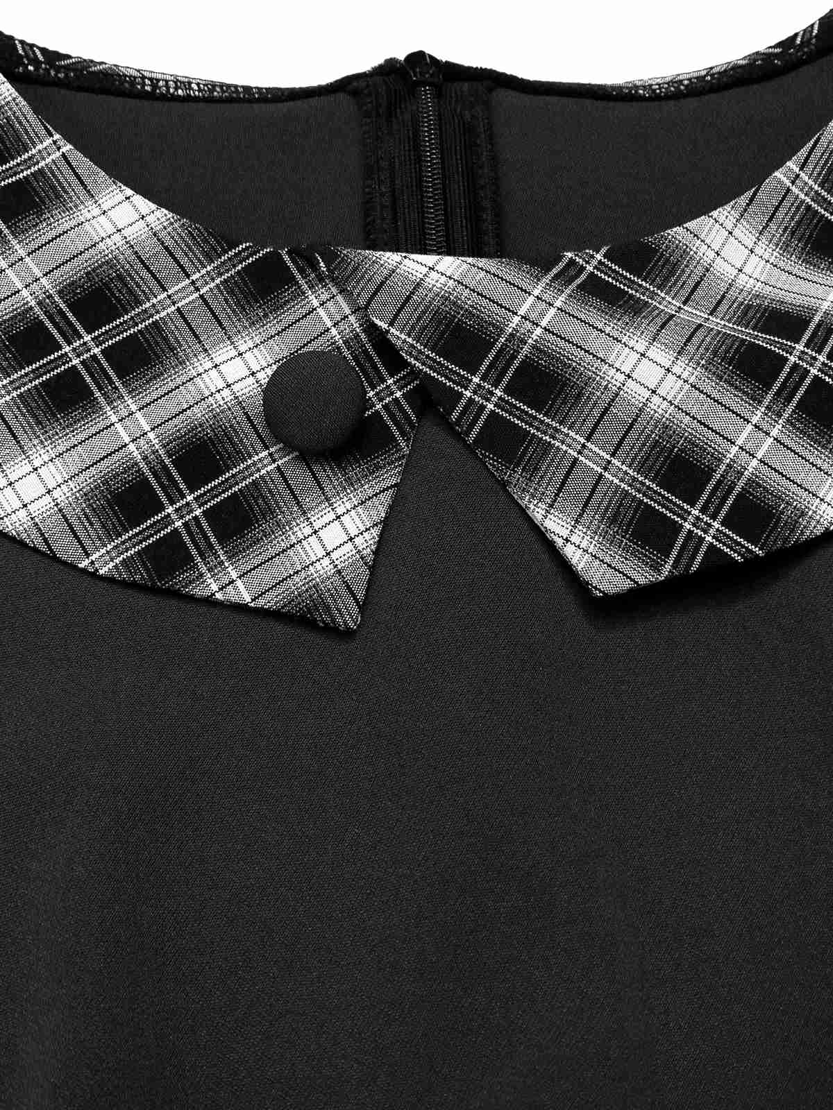 Schwarz 1950er Revers Plissiertes Plaid Patchwork Kleid - Image 5