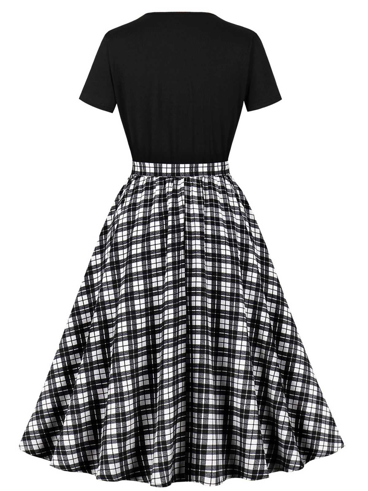 Schwarz 1950er Rundhal Alsausschnitt Patchwork Swing Kleid - Image 2