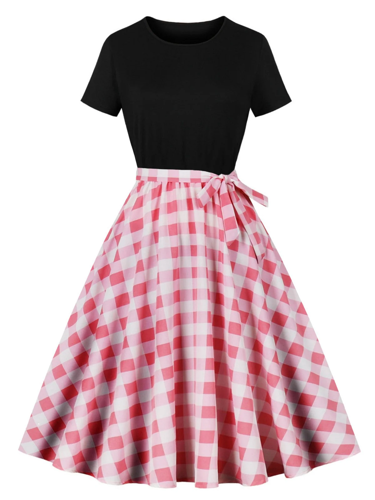 Schwarz 1950er Rundhal Alsausschnitt Patchwork Swing Kleid - Image 4