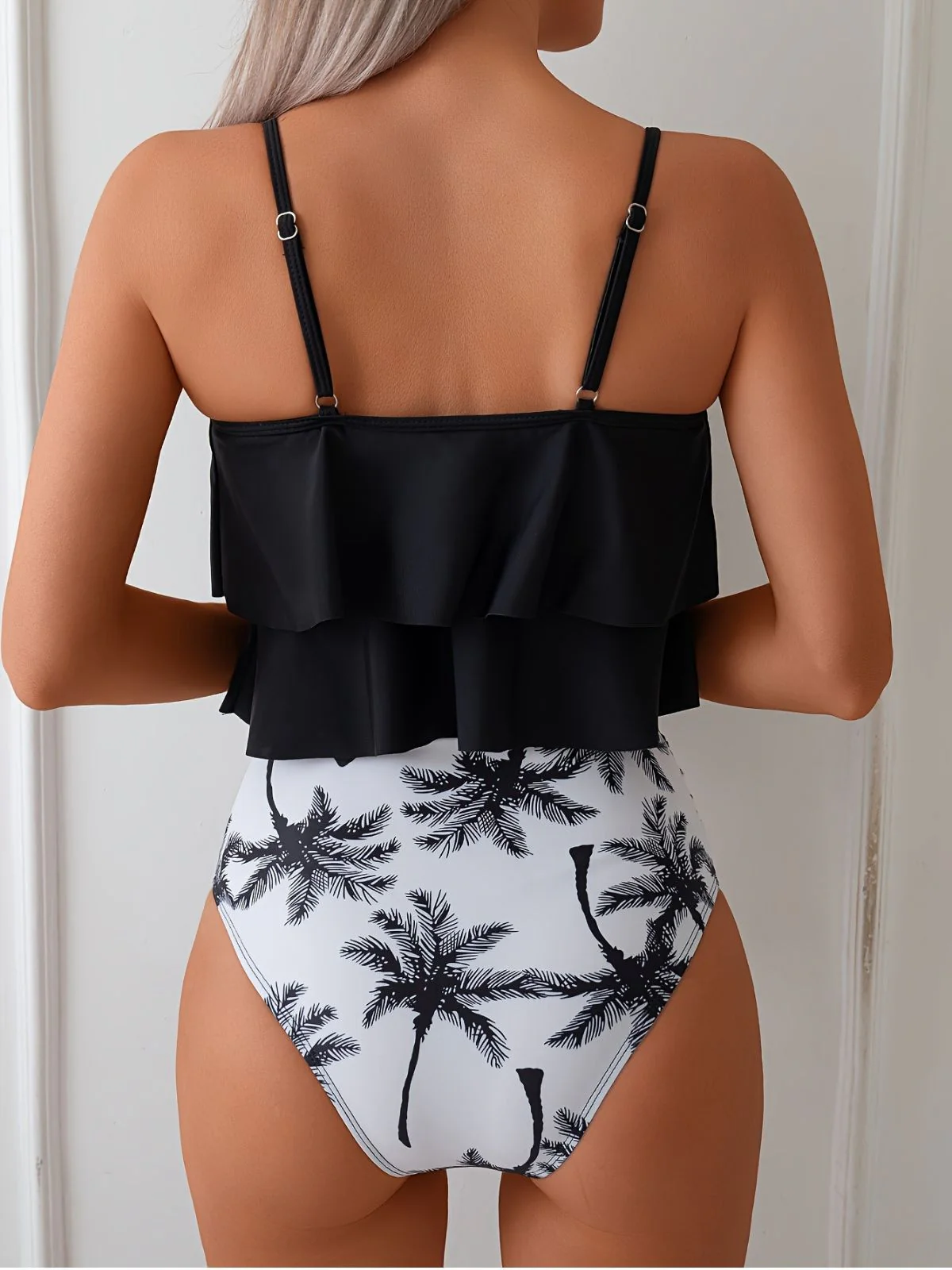 Schwarz 1950er Rüschen Palmen Tankini Set - Image 3