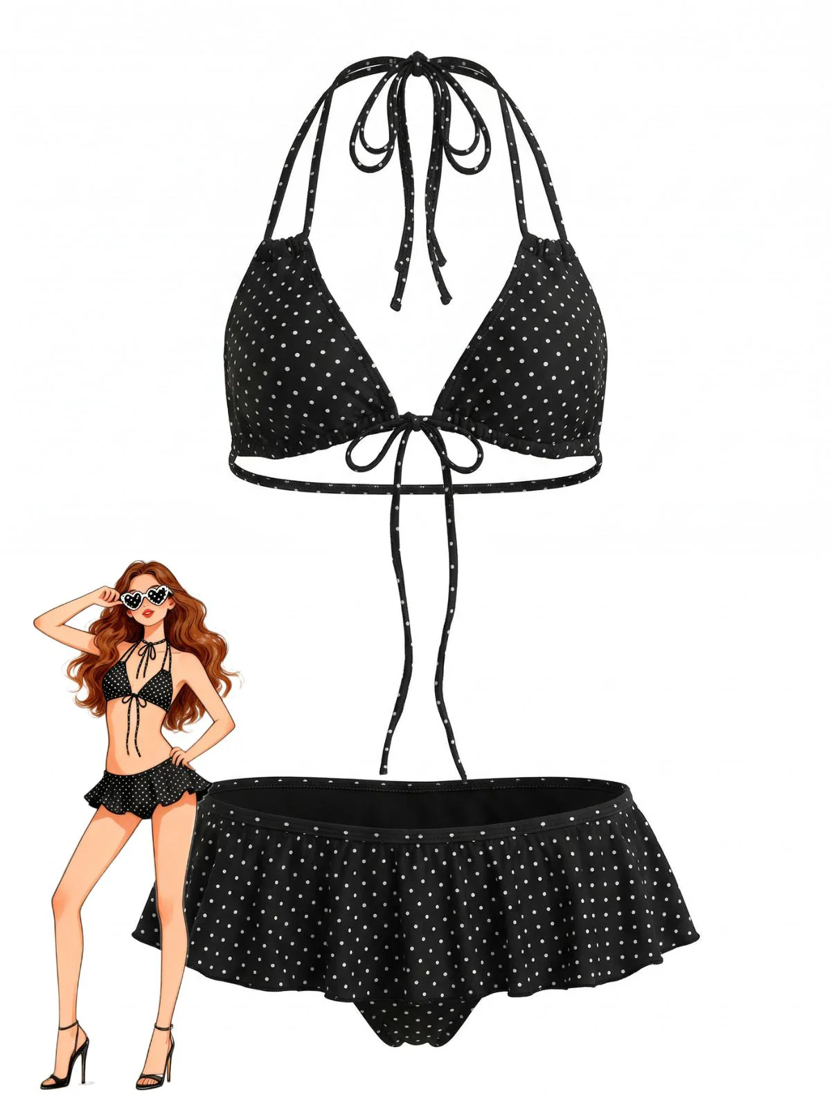 Schwarz 1950er Rüschen Schnürung Polka Dot Bikini Set