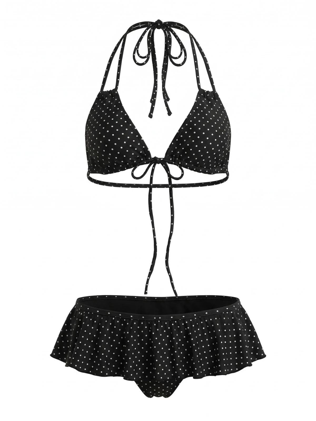 Schwarz 1950er Rüschen Schnürung Polka Dot Bikini Set - Image 2