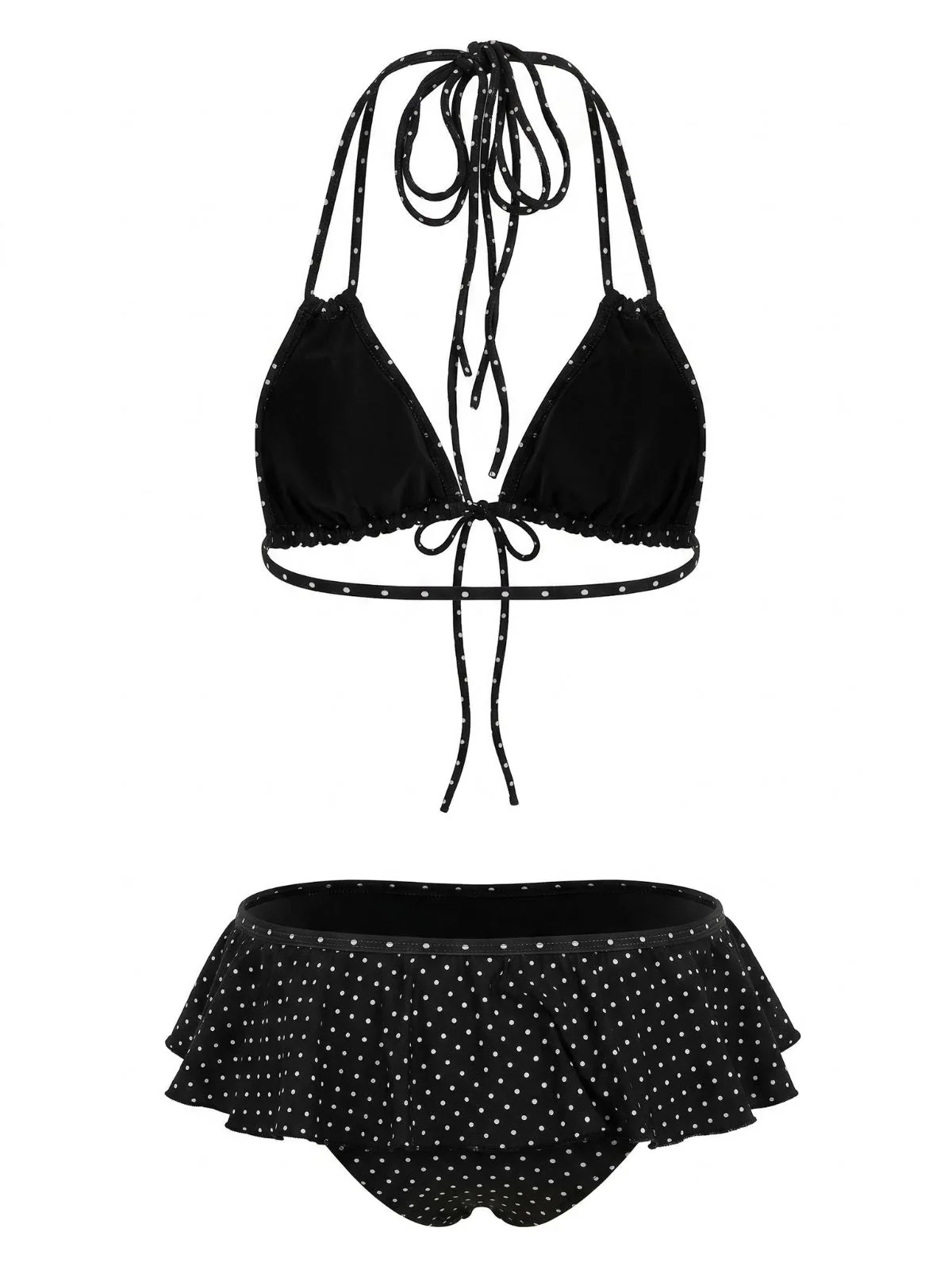Schwarz 1950er Rüschen Schnürung Polka Dot Bikini Set - Image 3