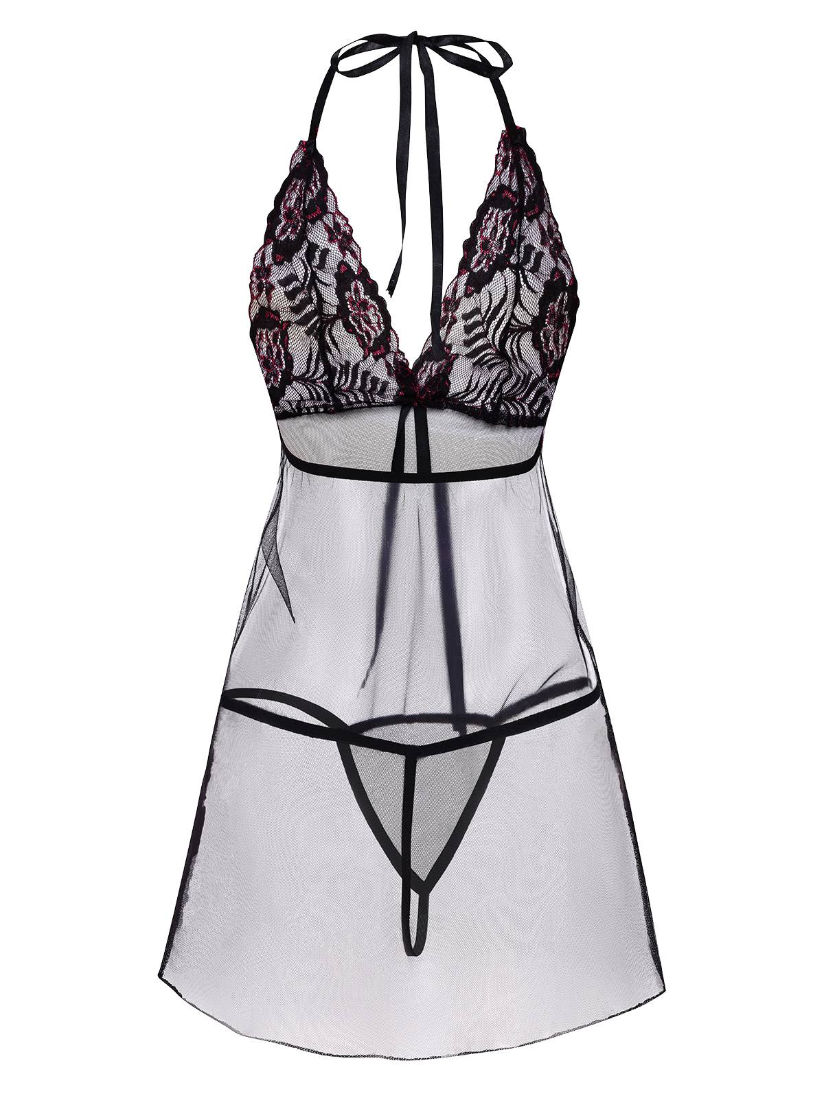 Schwarz 1950er Schnürung Halter Besticktes Sheer Nachthemd - Image 2