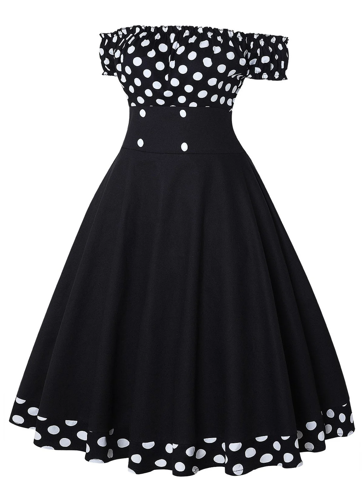 Schwarz 1950er Schulterfrei Polka Dots Kleid - Image 2