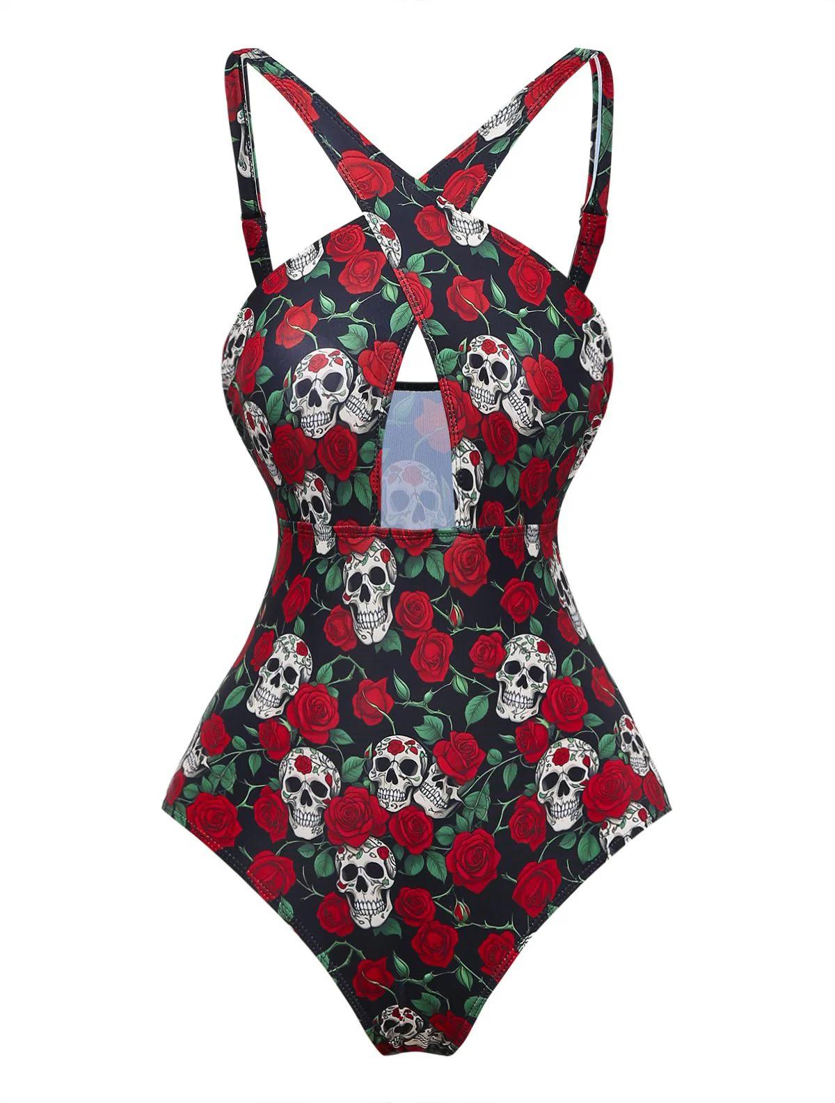 Schwarz 1950er Skelett Rose Halter Einteiliger Badeanzug - Image 2