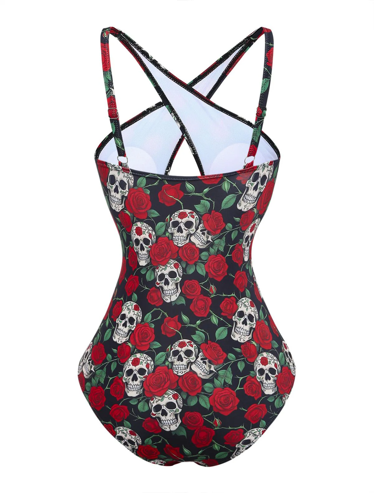 Schwarz 1950er Skelett Rose Halter Einteiliger Badeanzug - Image 3