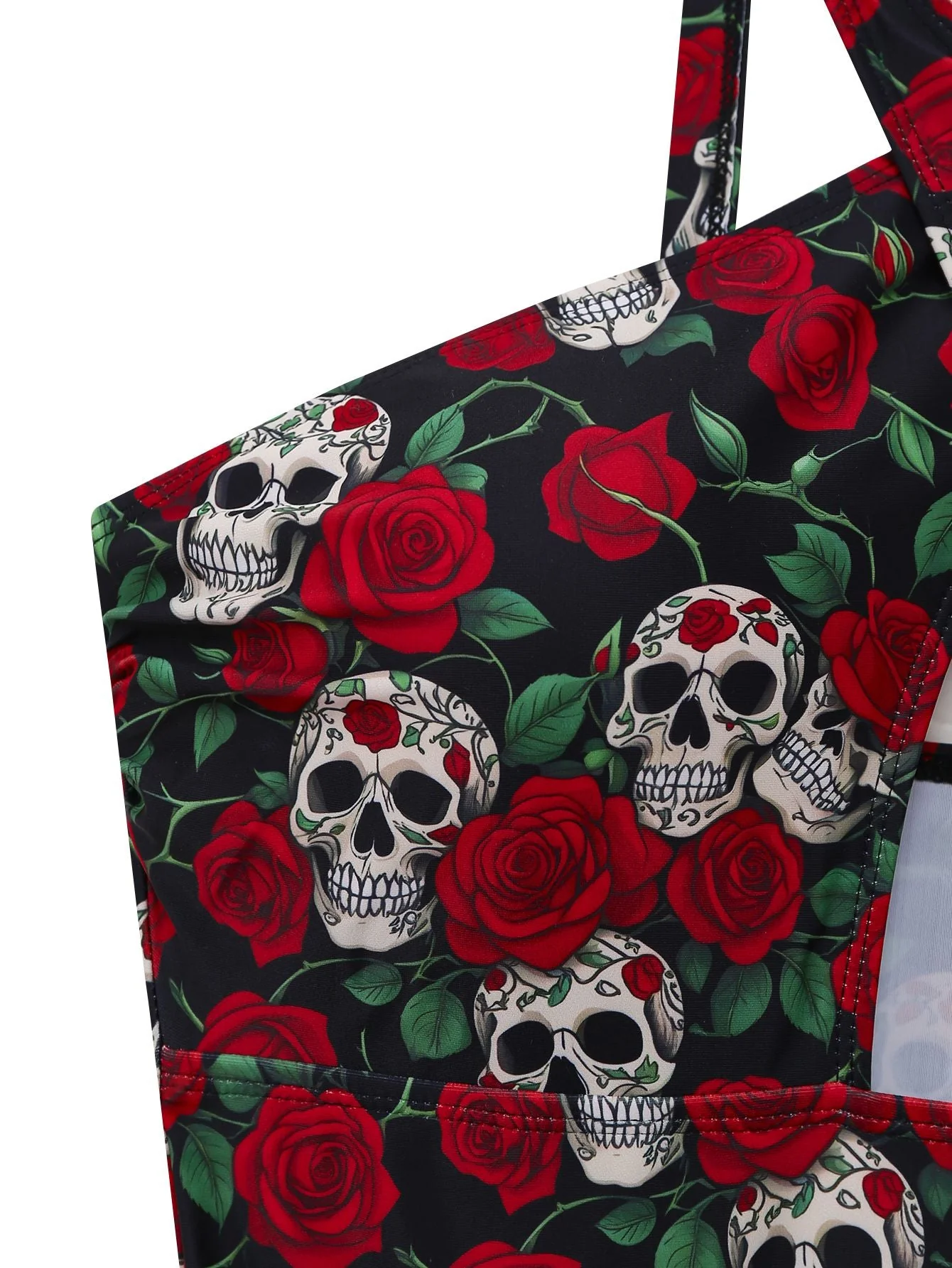 Schwarz 1950er Skelett Rose Halter Einteiliger Badeanzug - Image 4