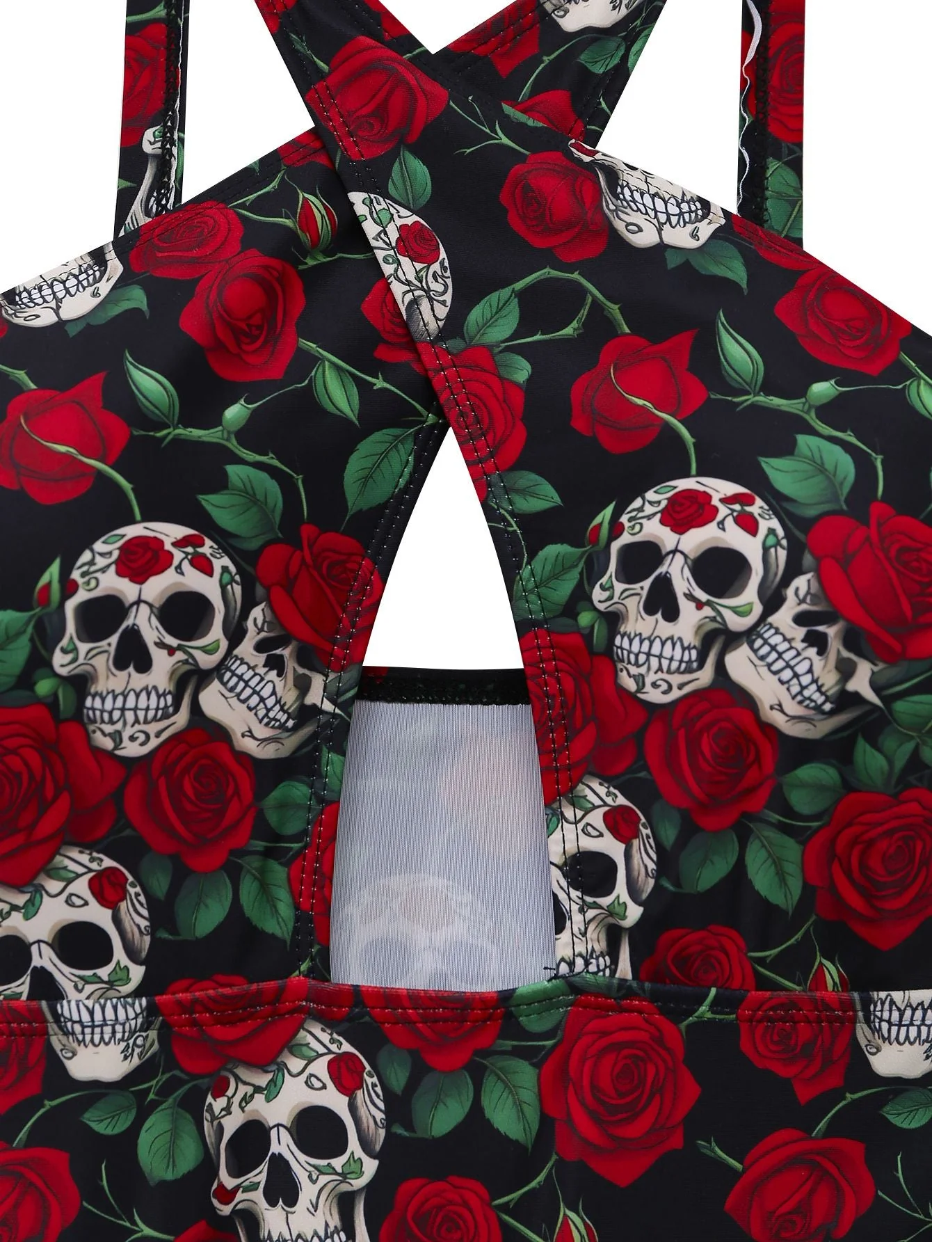 Schwarz 1950er Skelett Rose Halter Einteiliger Badeanzug - Image 5