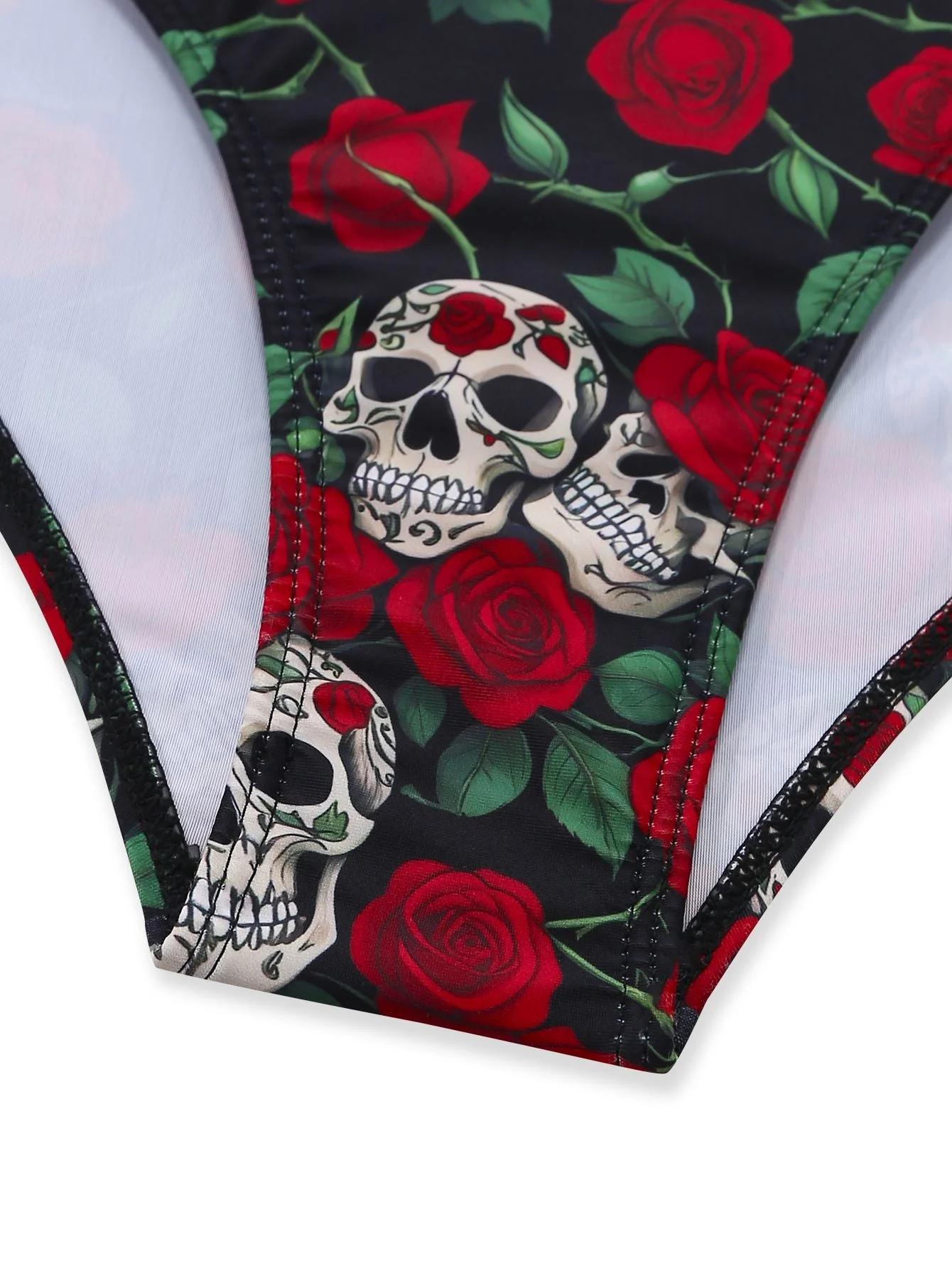 Schwarz 1950er Skelett Rose Halter Einteiliger Badeanzug - Image 6